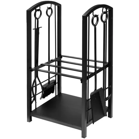 Étagère à bois en métal avec accessoires de cheminée intégrés.