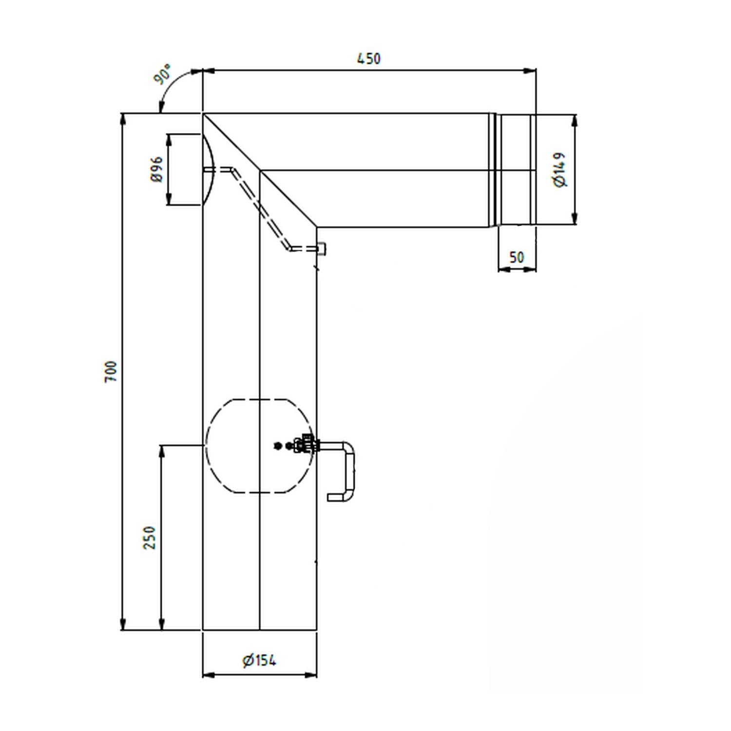 Raik coude LS diamètre 150/90° 2,00mm 2-pièces 700/450 avec porte intégrée avec modérateur de tirage noir
