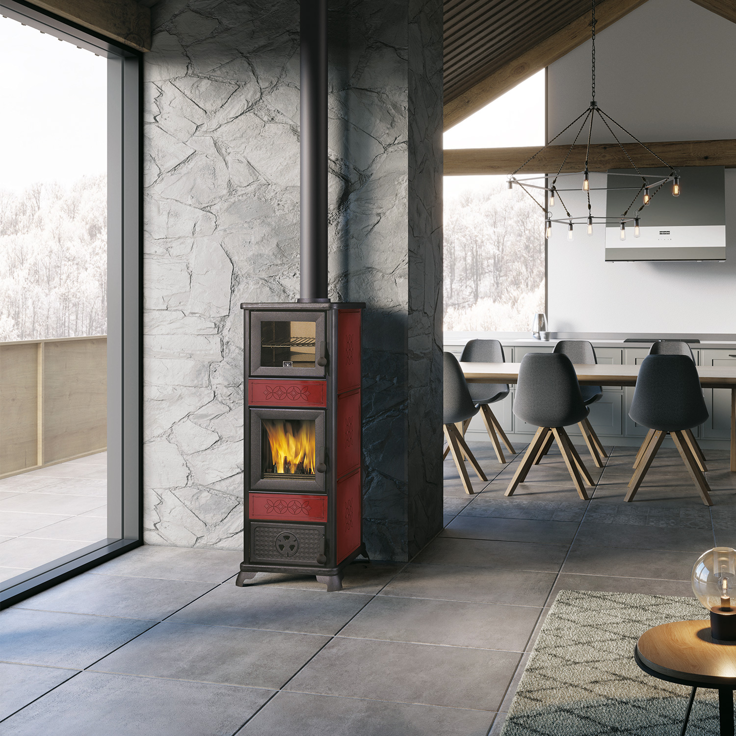 Poêle à bois EK63 Decor C en céramique bordeaux avec conduit de fumée supérieur.