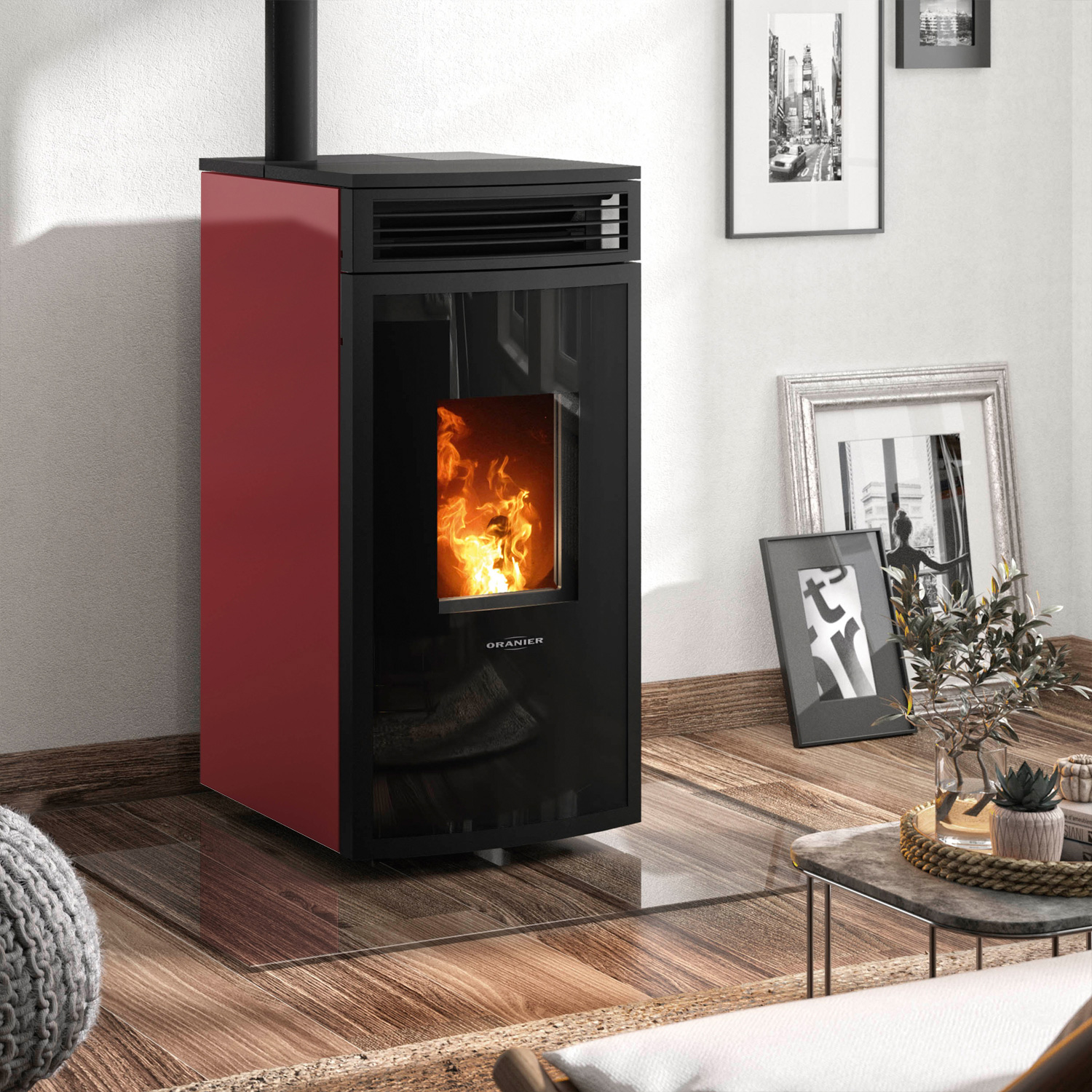Oranier Neta poêle à granulés acier bordeaux, sortie de fumée par le haut