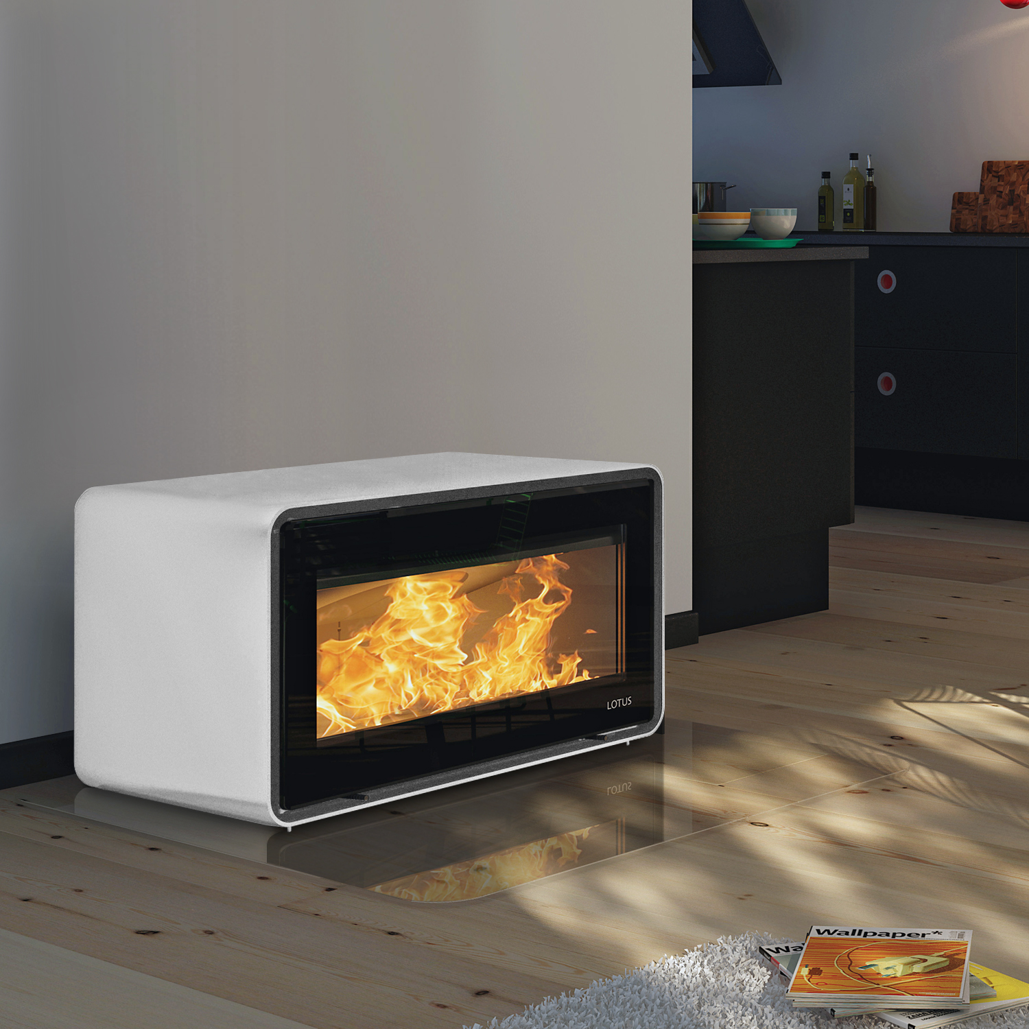 Poêle à bois Lotus Living Alpina White, sortie de fumée arrière