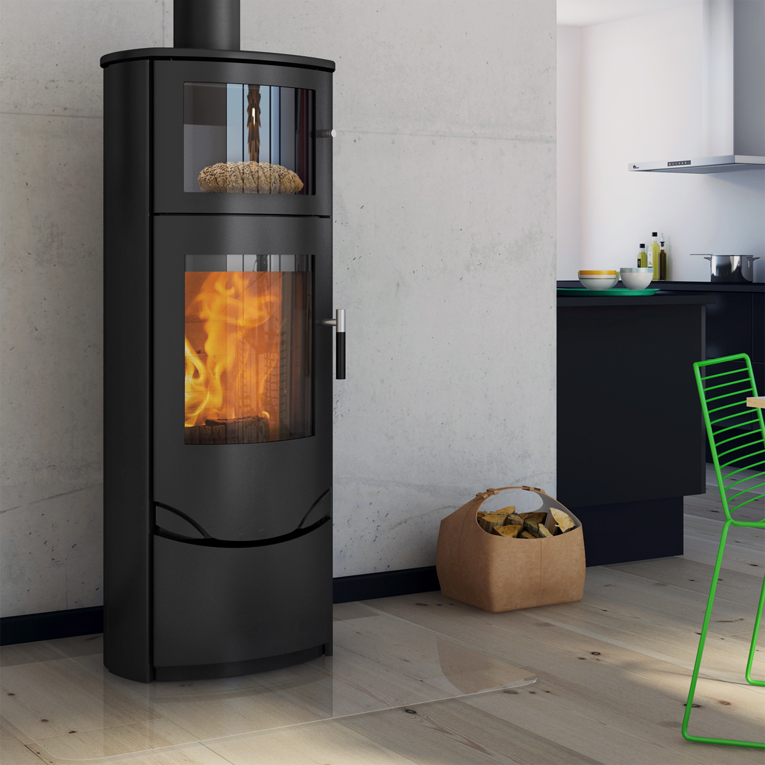 Poêle à bois Lotus Prio 7 Noir avec compartiment de cuisson, évacuation des fumées par le haut.