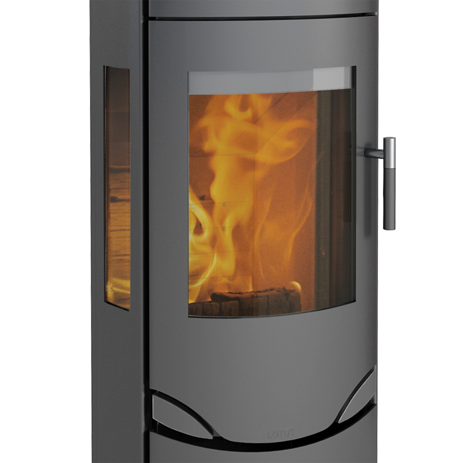 Poêle à bois Lotus Prio 7 Gris / Vitre latérale avec compartiment de cuisson, évacuation des fumées par le haut