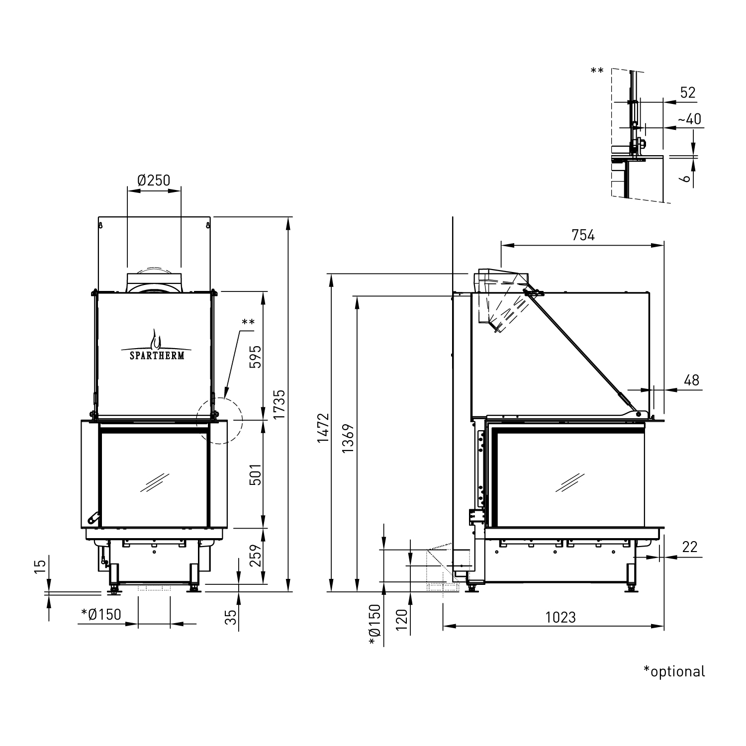 Spartherm Premium Arte U-70h-4S insert de cheminée RRA Ø 250 mm