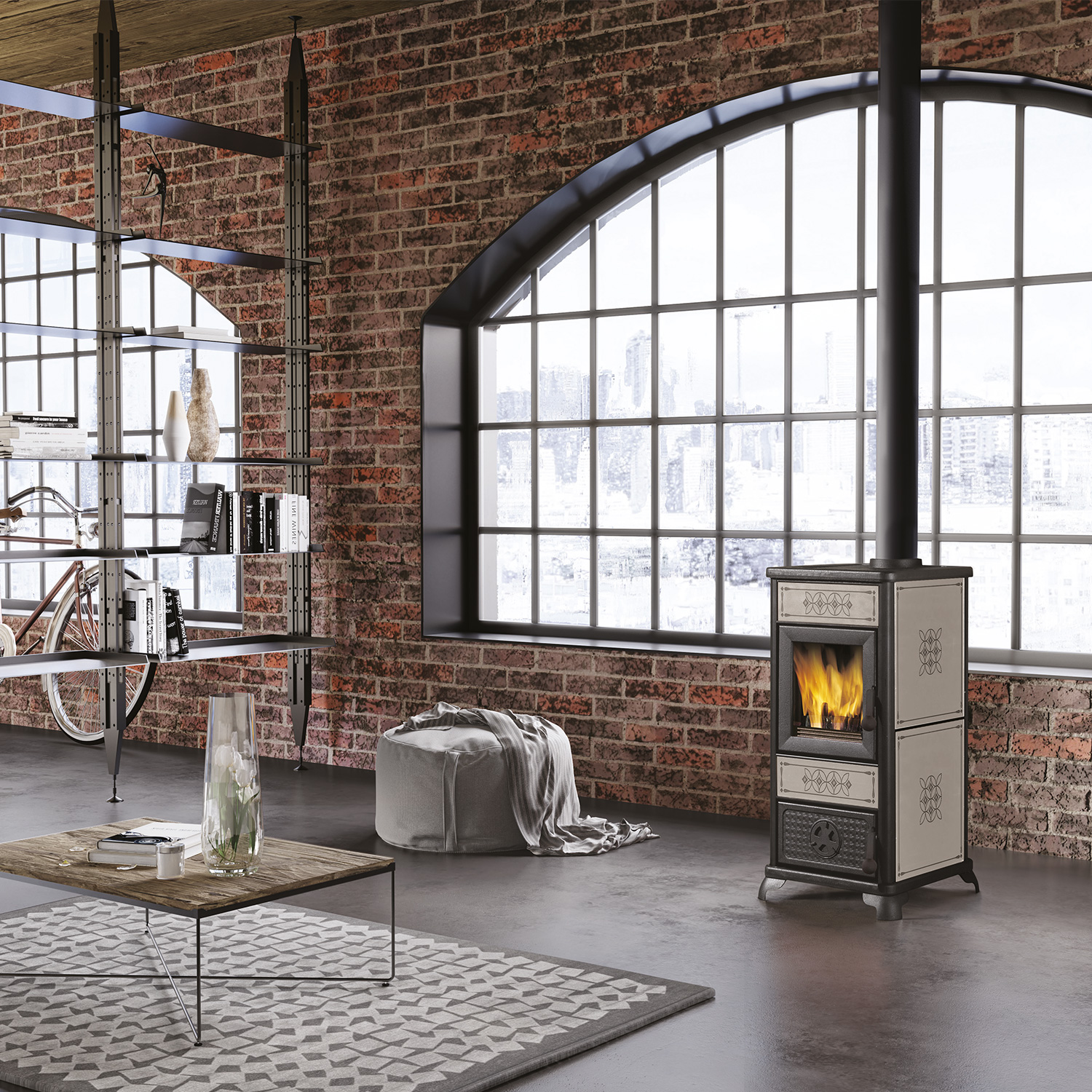 EK63 Decor poêle à bois céramique gris colombe tuyau de fumée dessus