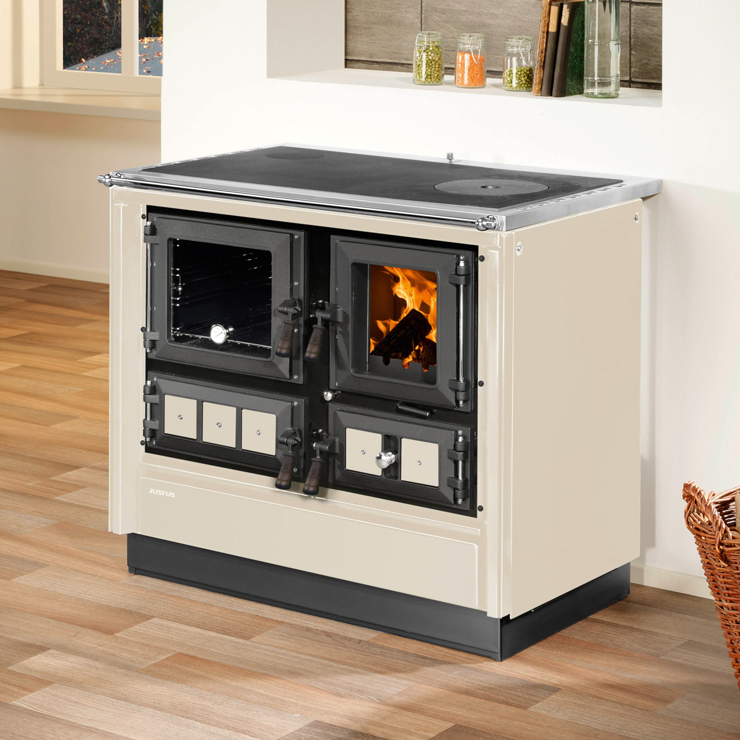 Justus Rustico-90 2.0 Poêle de cuisine en acier crème, compartiment de cuisson à gauche Justus Rustico-90 2.0 Poêle de cuisine en acier crème, compartiment de cuisson à gauche