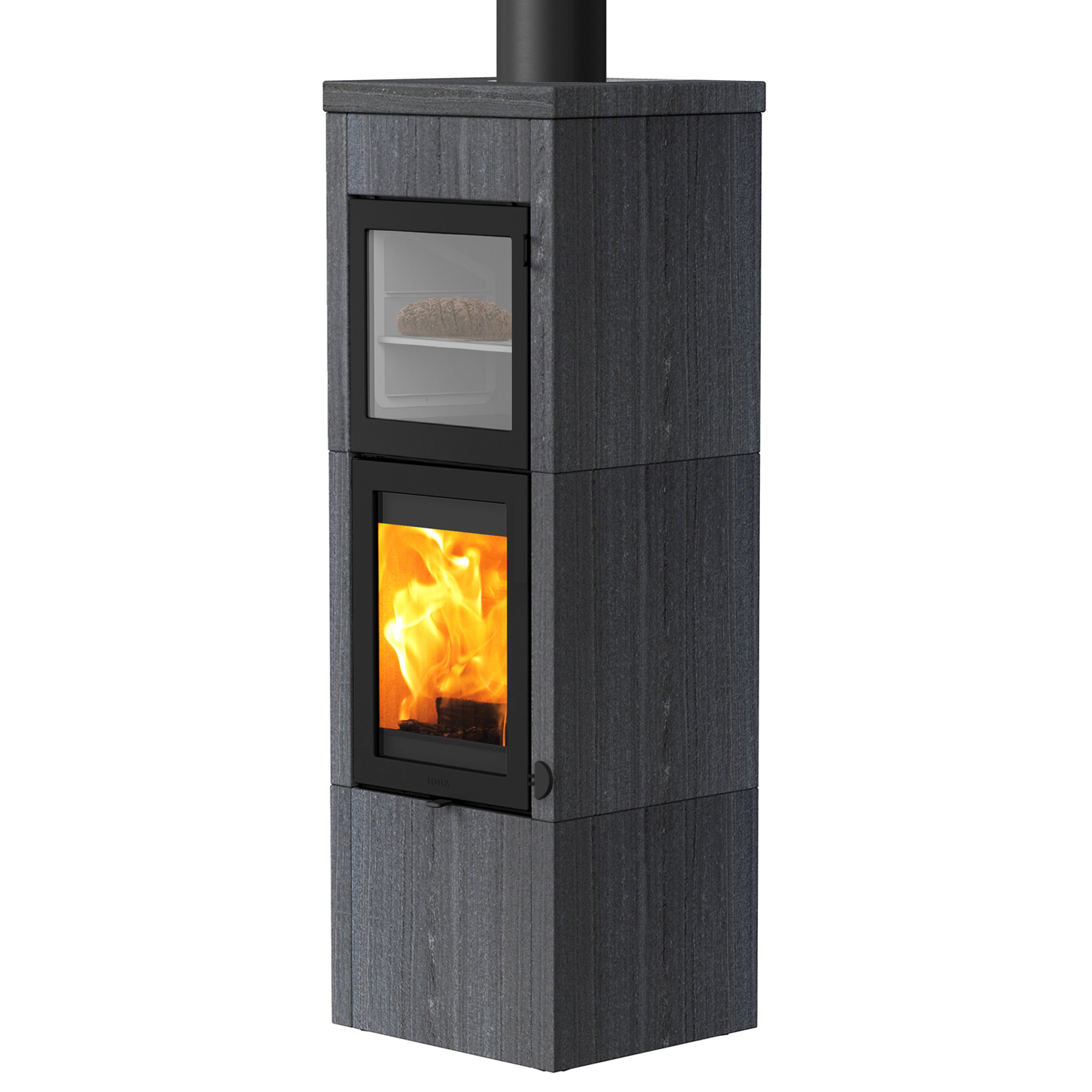 Lotus QM40 poêle à bois Indian Night / Porte noire avec compartiment de cuisson, évacuation des fumées par le haut