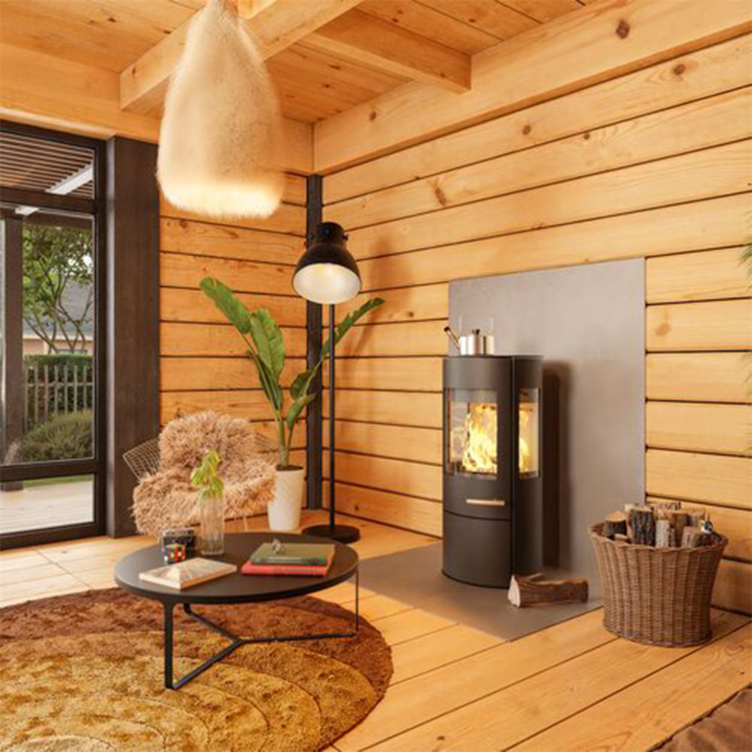 Haas+Sohn VITUS.l acier poêle à bois 3 vitres avec plaque de cuisson avec compartiment range-bûches et porte noir profond