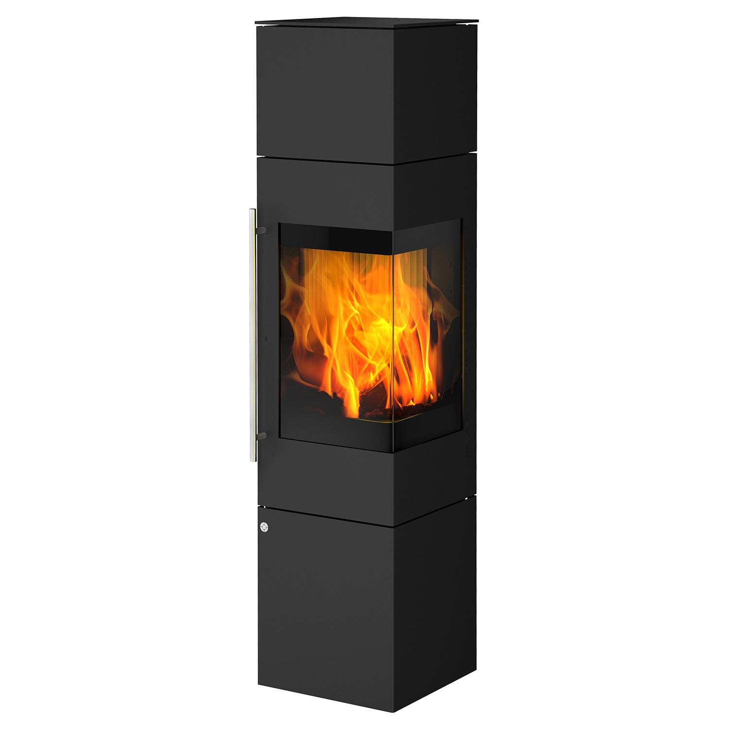 Poêle à bois Olsberg Ipala Smart Compact en acier noir, ouverture de porte à droite, porte en acier avec module d'accumulation.