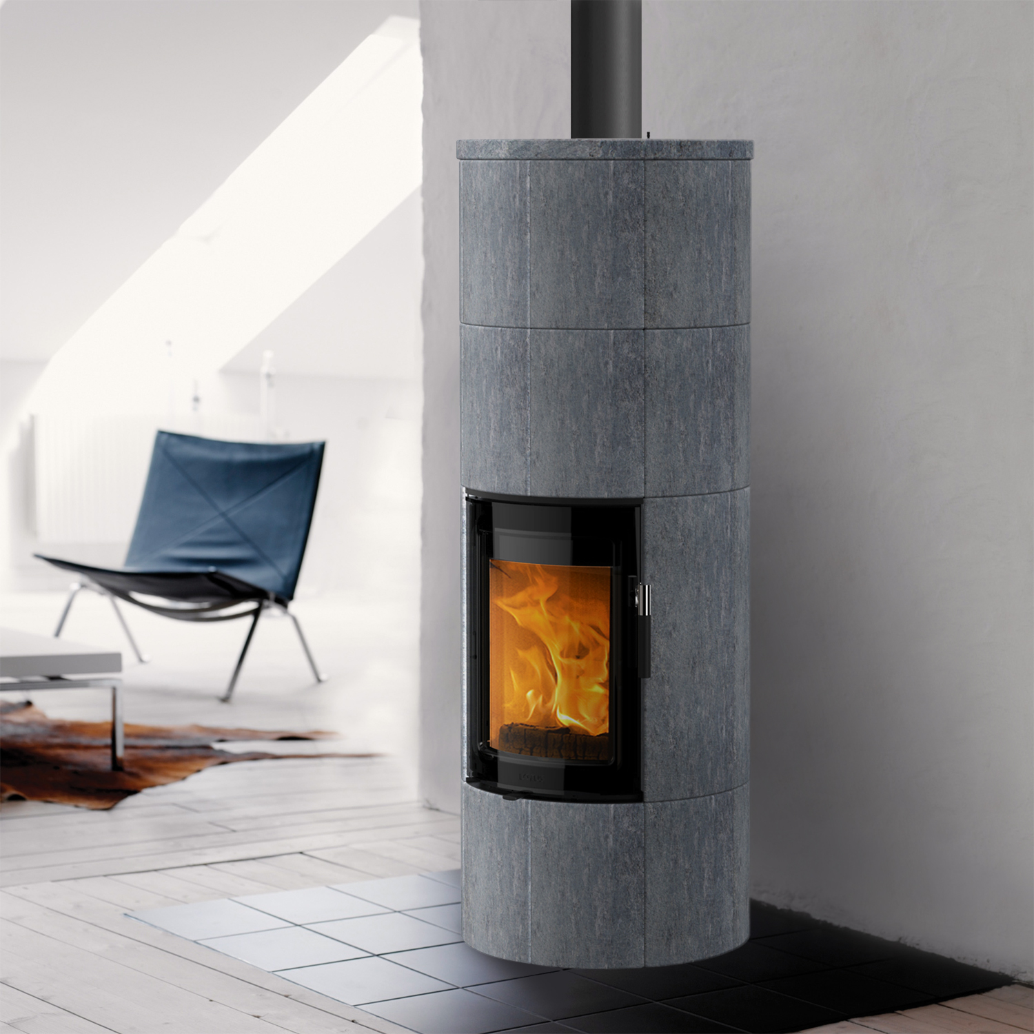 Poêle à bois Lotus Maestro 2 en stéatite, porte Magic, sortie de fumée par le haut