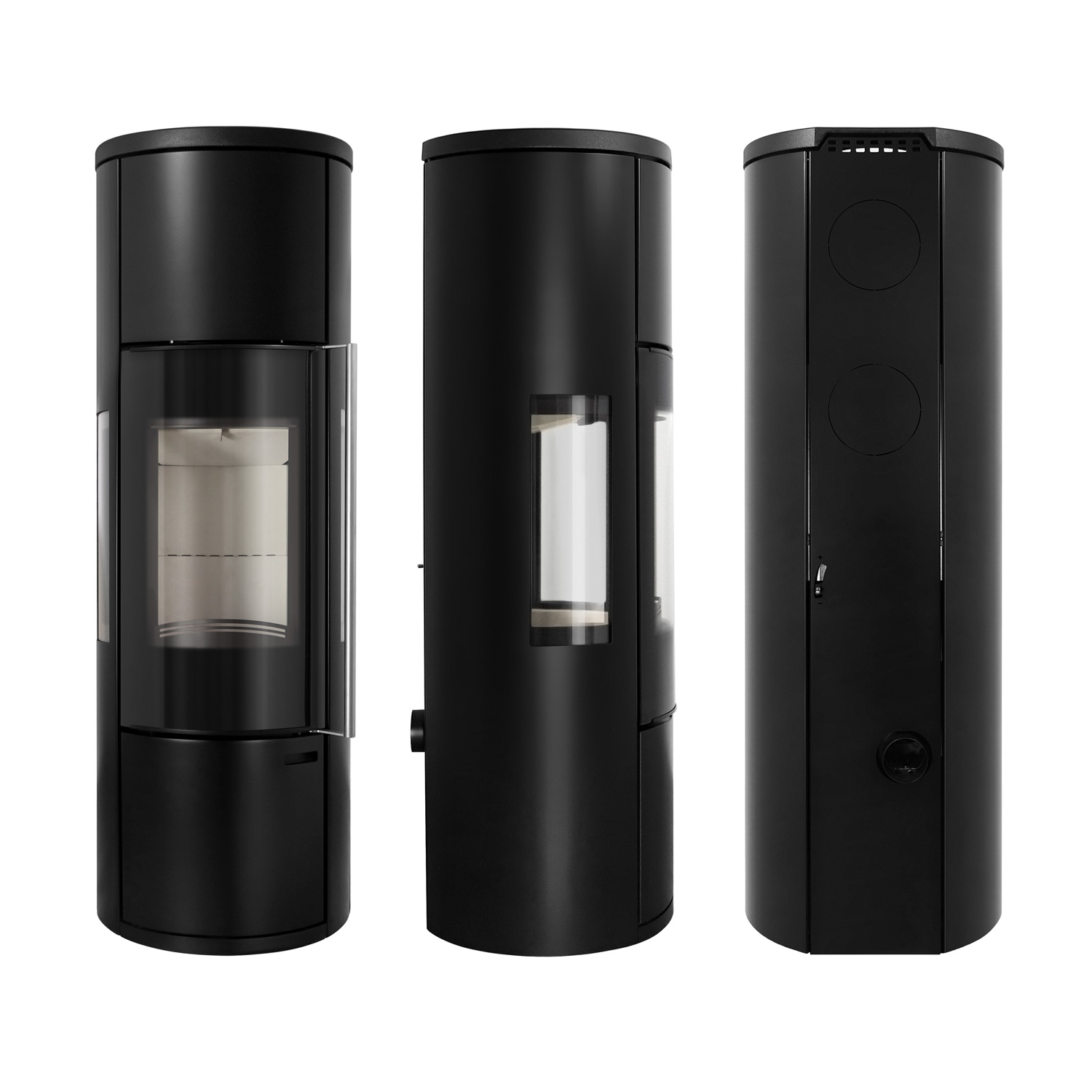 Schmitzker Fisterra Vista Heat poêle à bois en acier noir, avec vitrage sur trois côtés.