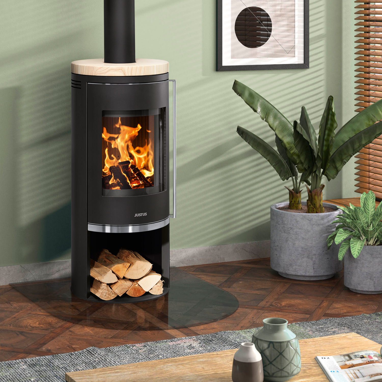 Justus Faro 2.0 Poêle à bois en acier noir avec plaque de recouvrement en pierre de sable.