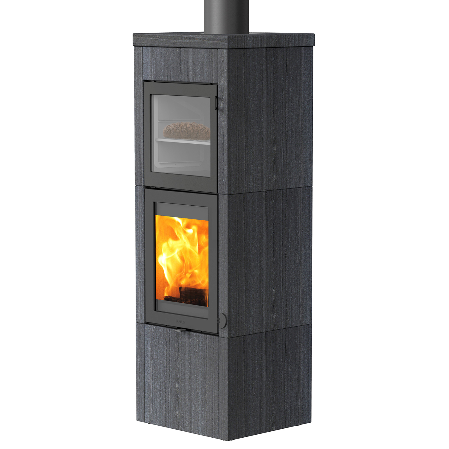 Poêle à bois Lotus QM40 Indian Night / Porte grise avec compartiment de cuisson, sortie de fumée par le haut
