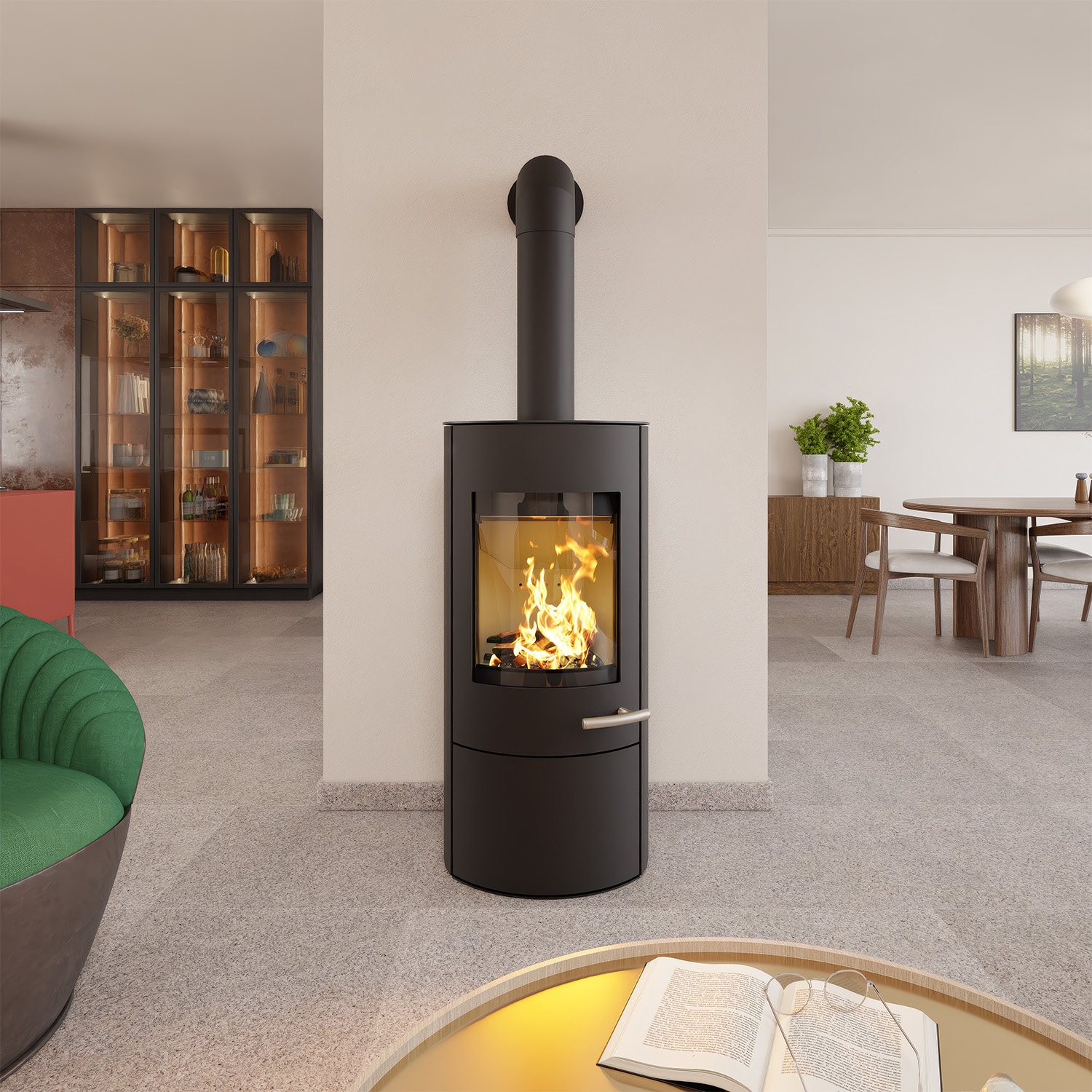 Haas+Sohn SOLIDO acier poêle à bois avec plaque de cuisson avec compartiment range-bûches et porte noir profond