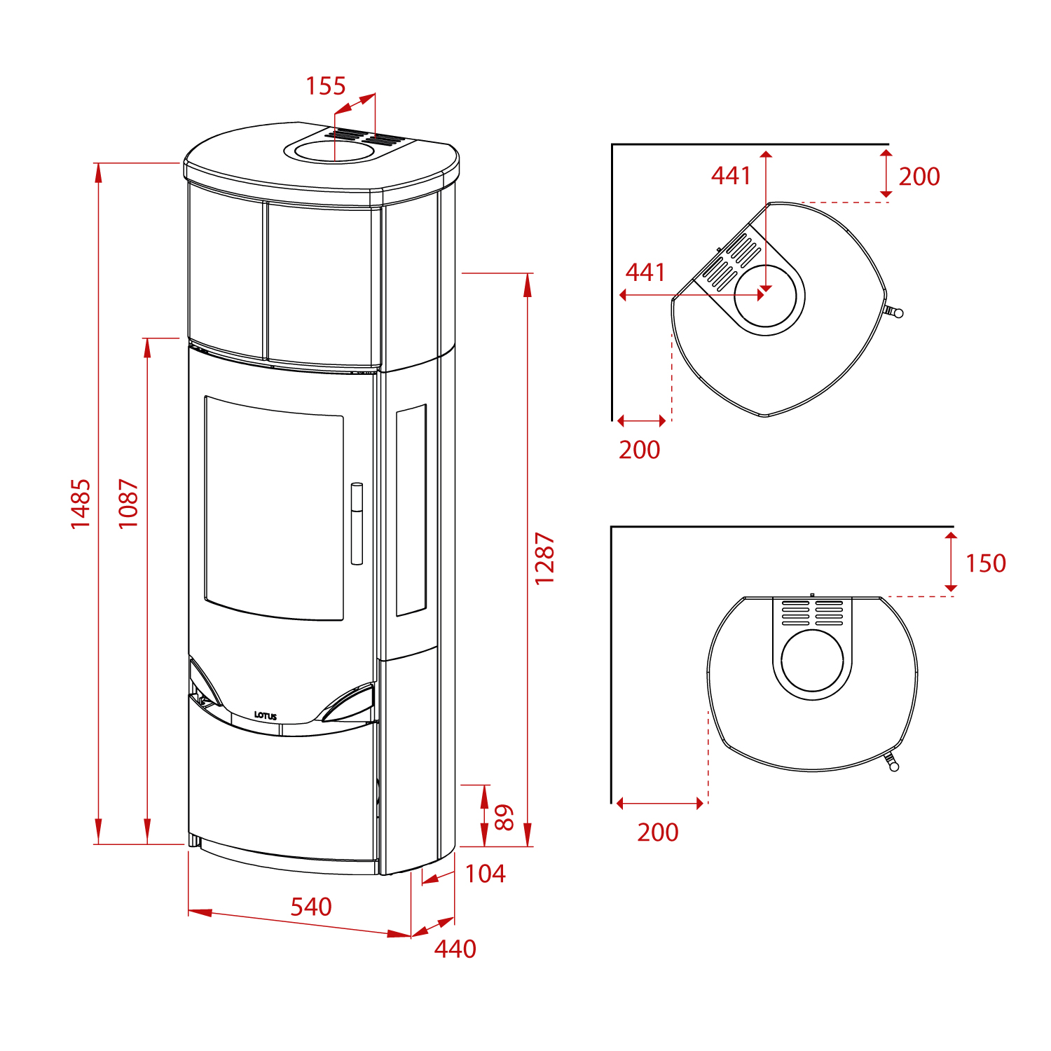Lotus Prio M Kaminofen Schwarz / Indian Night / Seitenglas, inkl. PowerStones, RR hinten od. RR oben