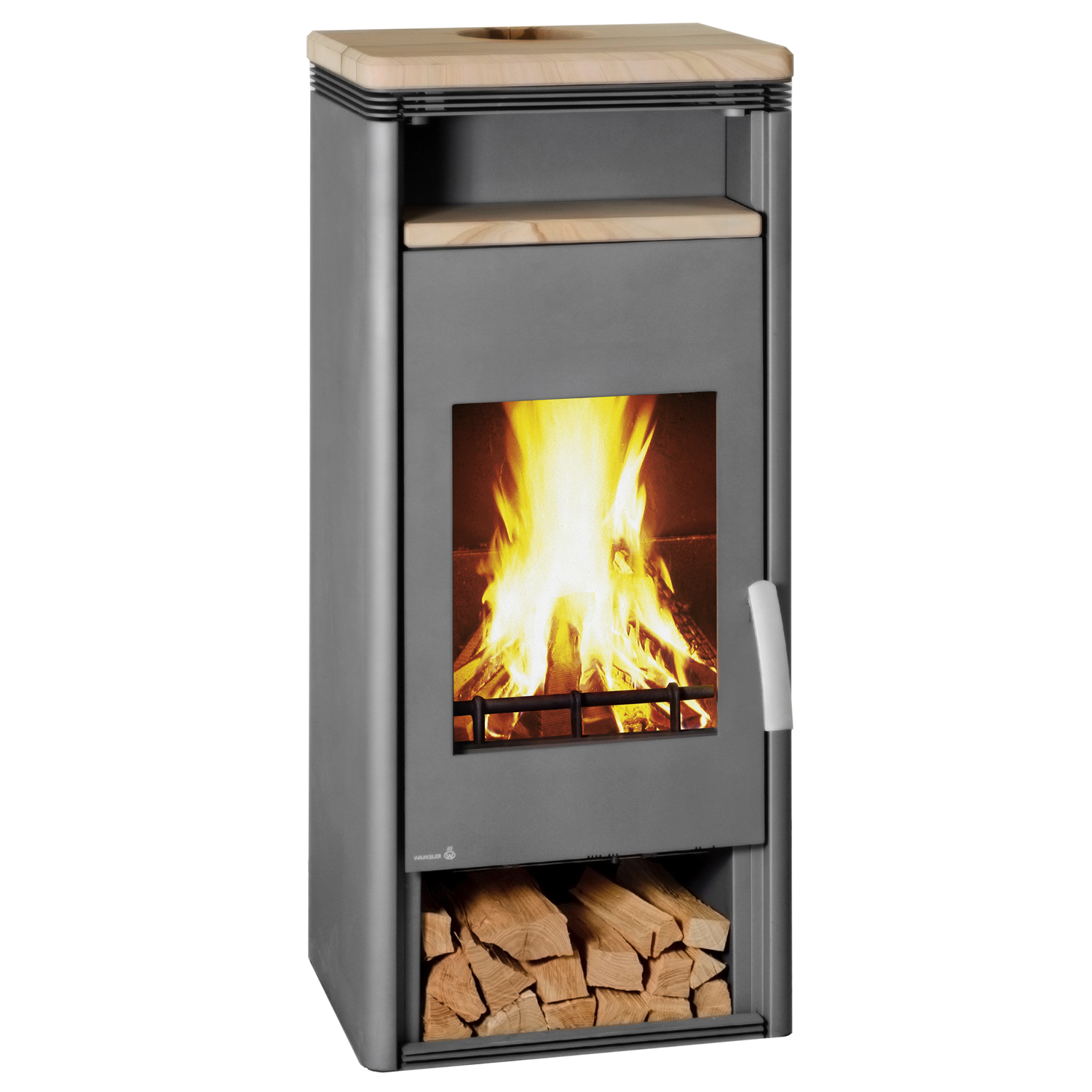 Poêle à bois Wamsler Orpheus avec compartiment de maintien au chaud en acier gris / pierre de sable 6 kW