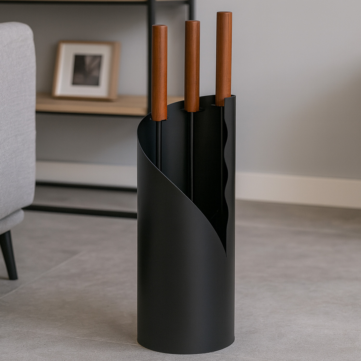 Raik Kaminbesteck Benno Set 3-teilig Schwarz mit langem Holzgriff