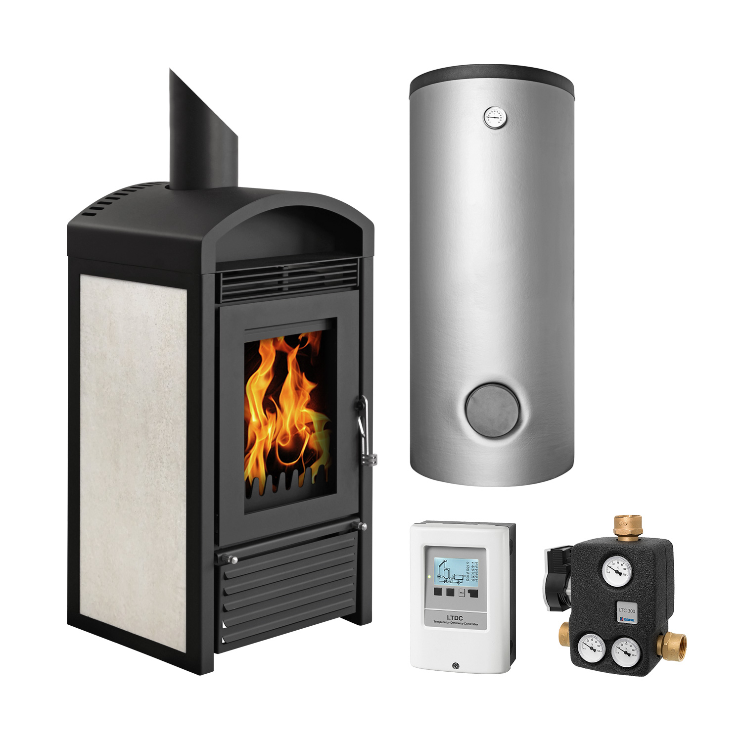 Schmitzker Marbella Mini Céramique Beige Poêle à bois bouilleur - Ensemble complet avec ballon tampon TPSM 300L, y compris isolation