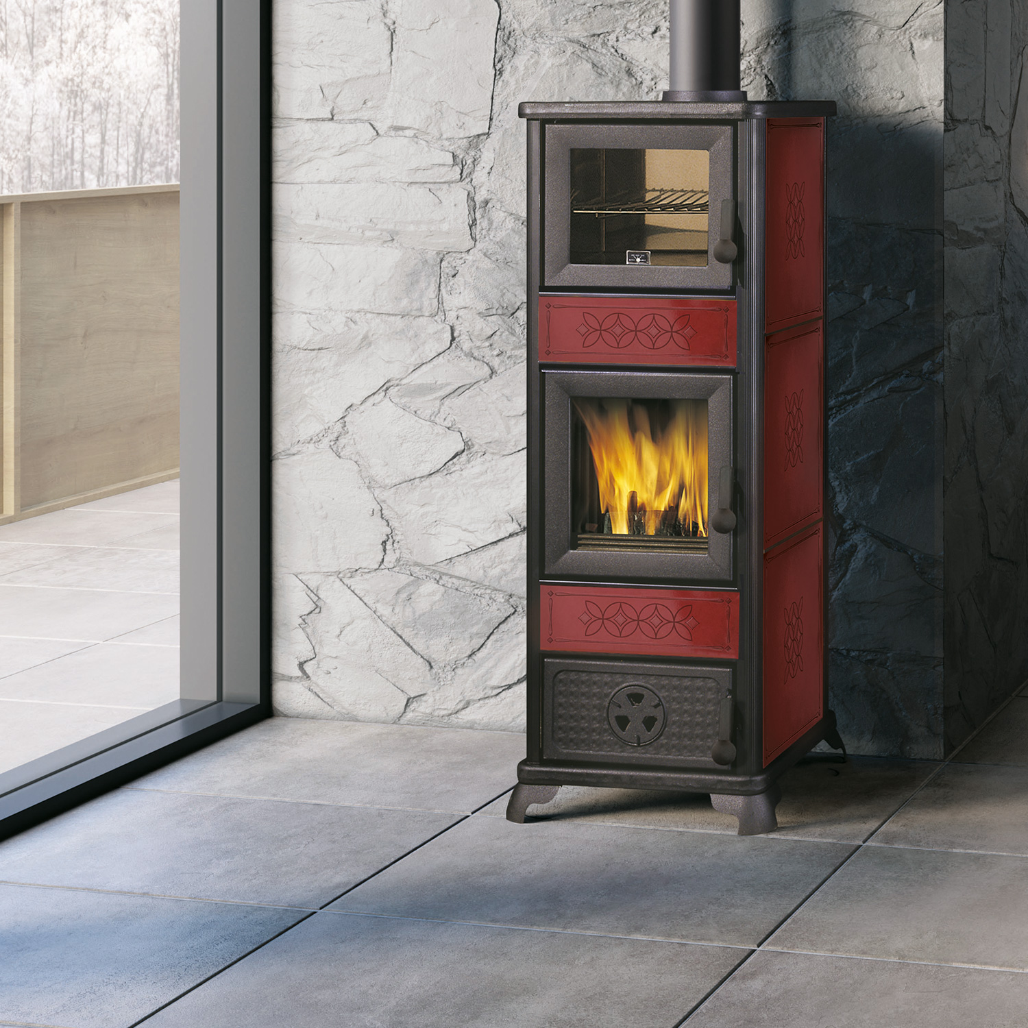 Poêle à bois EK63 Decor C en céramique bordeaux avec conduit de fumée supérieur.