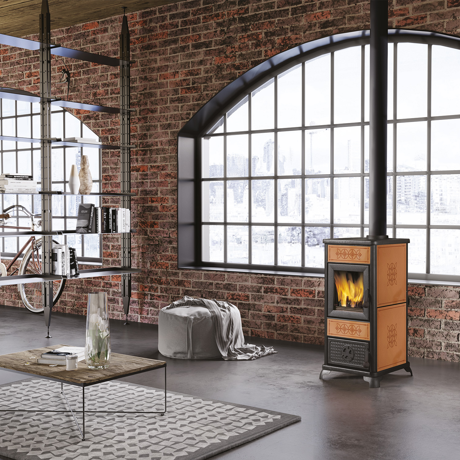 Poêle à bois décoratif EK63 en céramique et cuir avec sortie de fumée par le haut.