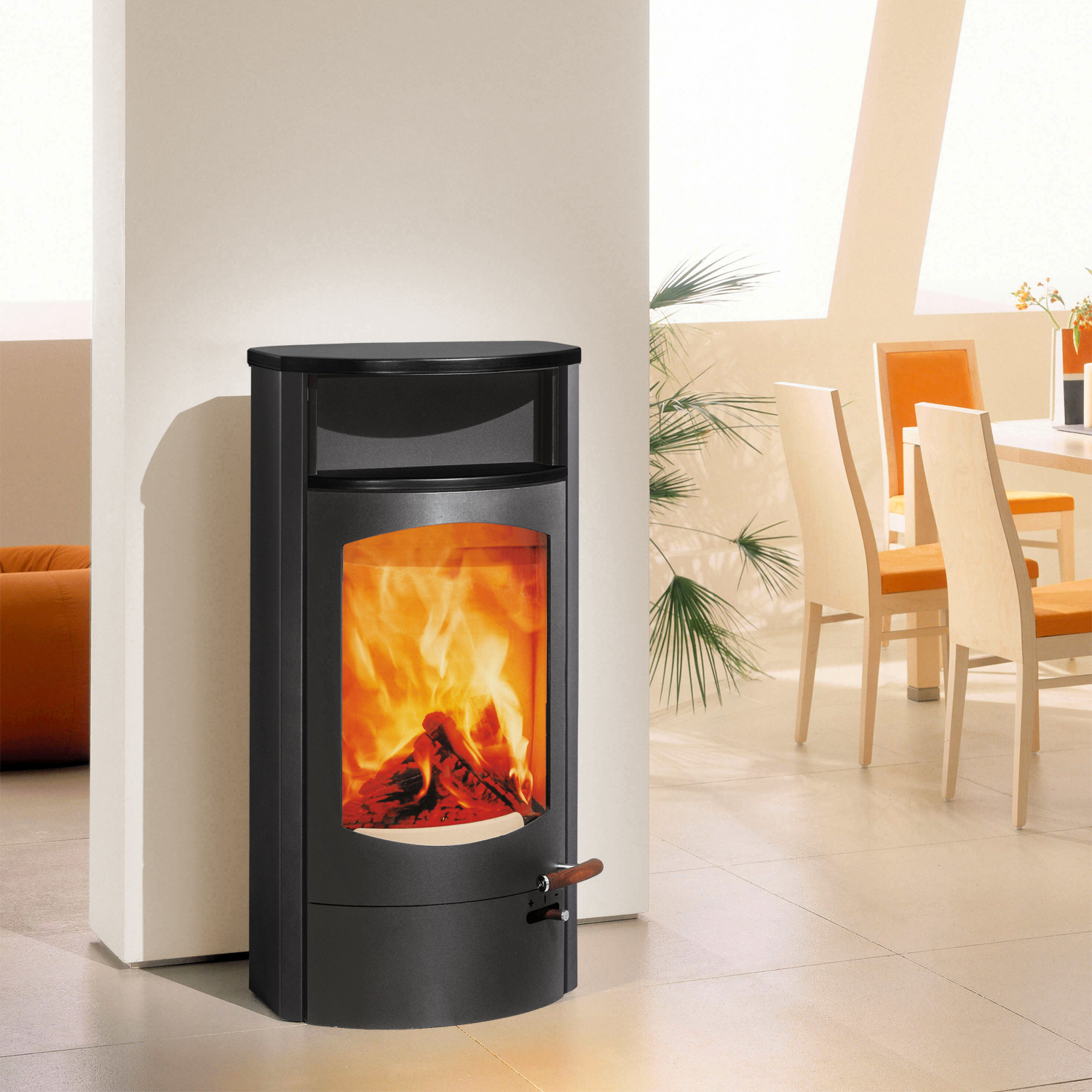 Austroflamm Koko 2.0 Poêle à bois en acier gris fonte, compartiment de maintien au chaud en céramique noir mat, plaque supérieure en céramique noir mat, sortie de fumée arrière.