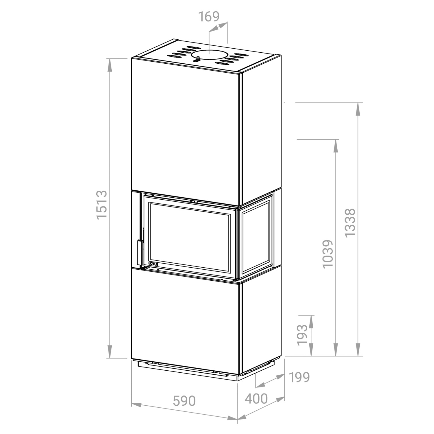 Poêle à bois Lotus Visto R en stéatite, vitre latérale à droite, évacuation des fumées par le haut