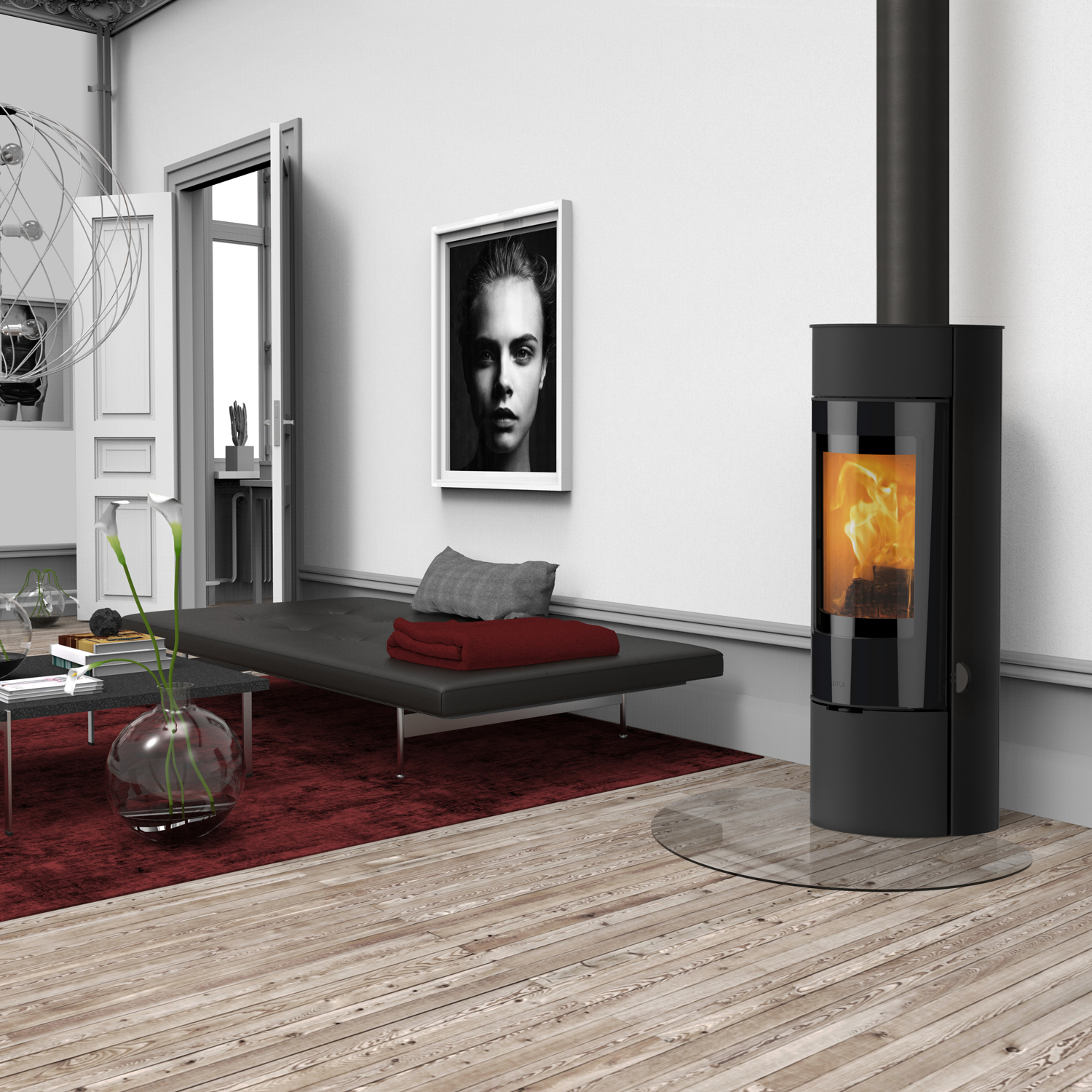 Poêle à bois Lotus Prestige Magic 40 Noir, sortie de fumée par le haut