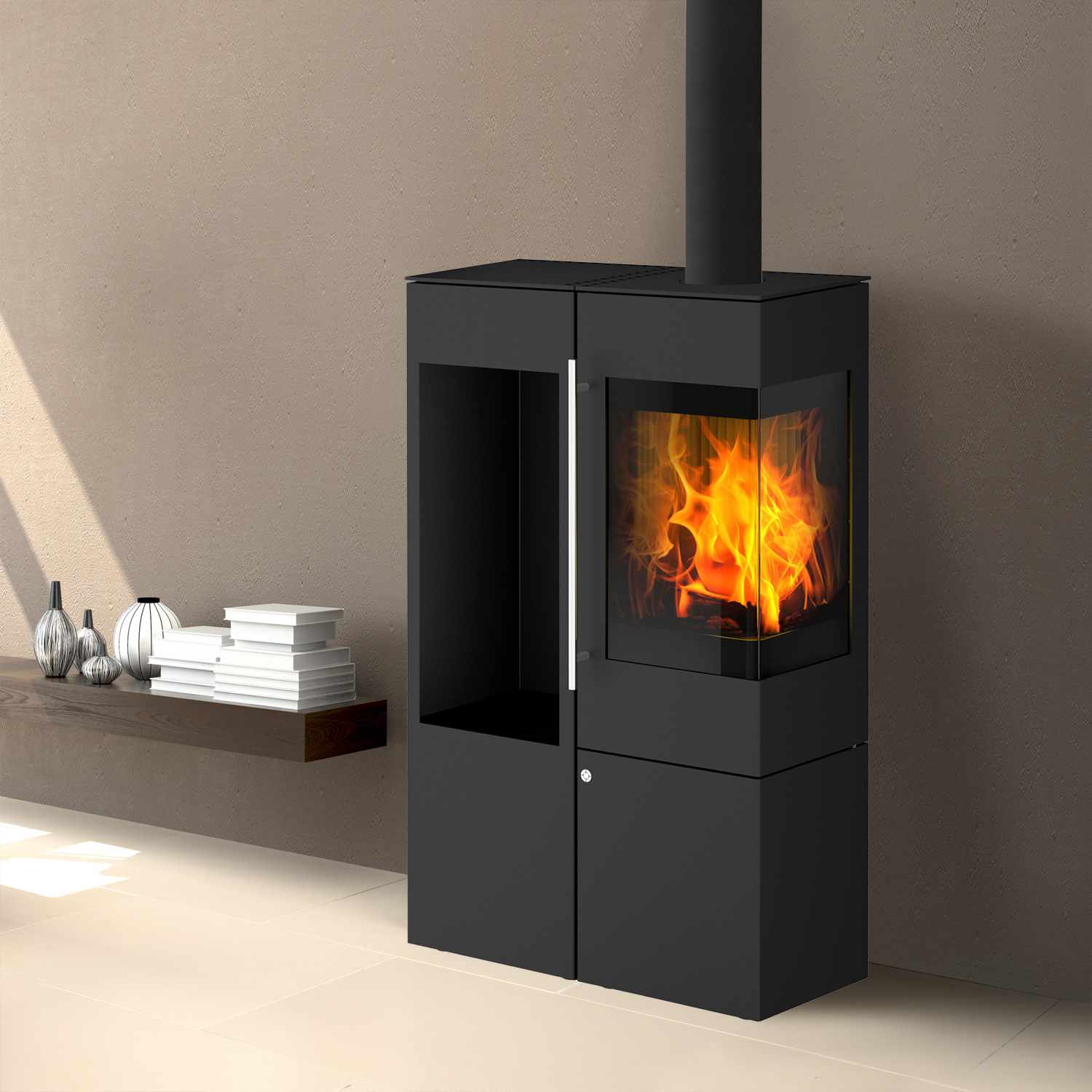 Olsberg Ipala Smart Compact poêle à bois en acier noir, ouverture de porte à droite, porte en acier avec étagère en bois à gauche