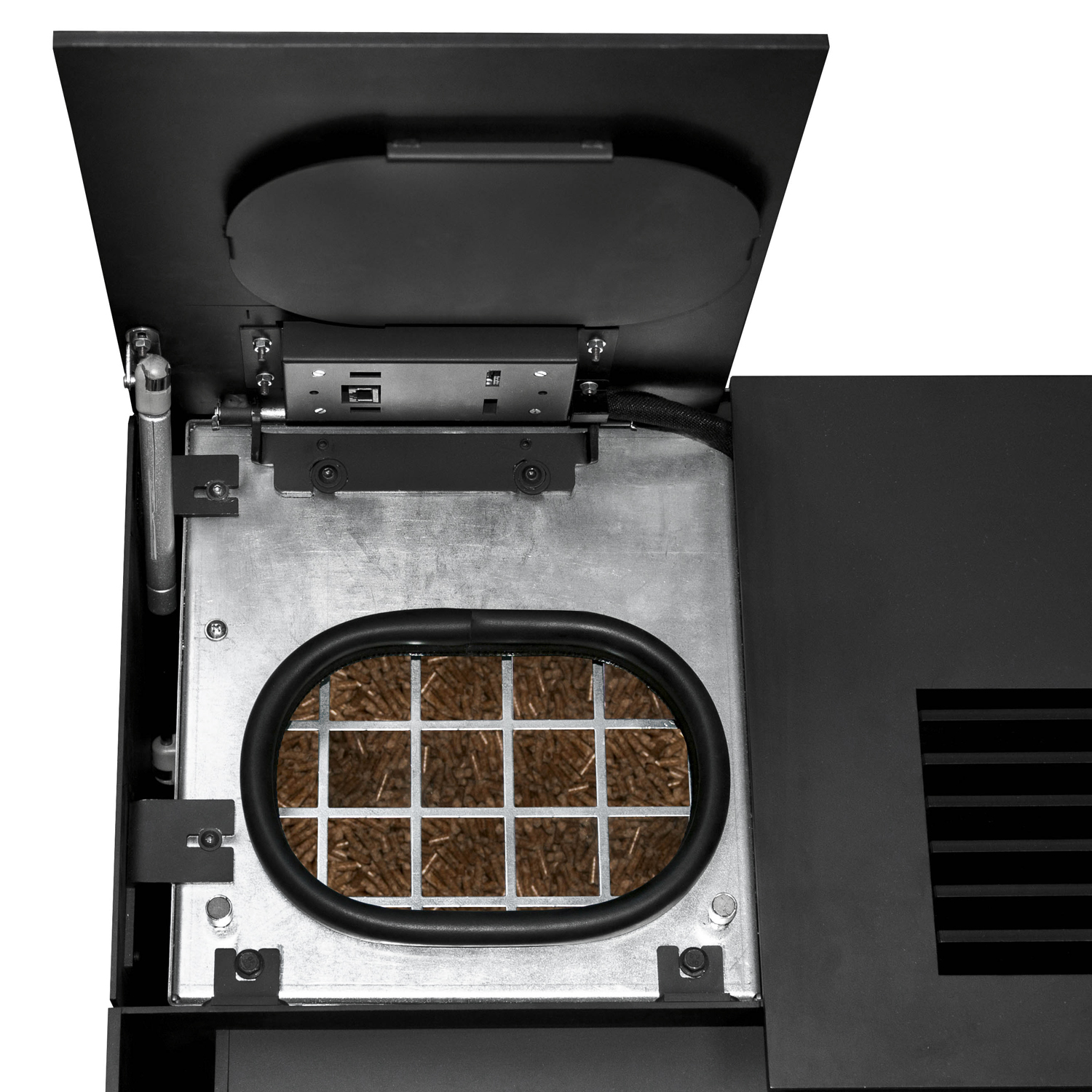 Oranier Boreas II poêle à granulés acier noir / pierre frittée blanc soie, tuyau de fumée arrière