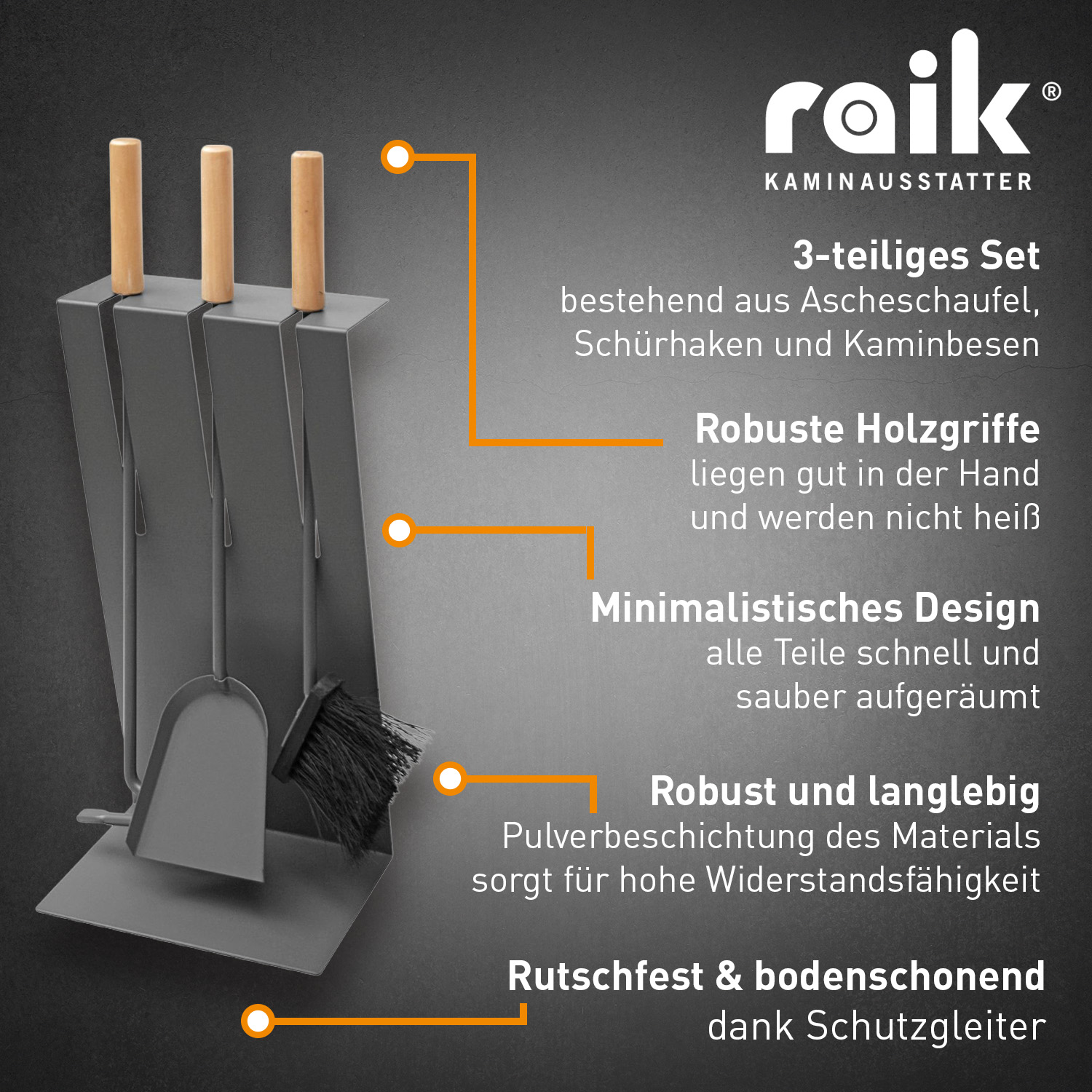 Raik Ensemble d'outils de cheminée Gustav, 3 pièces, anthracite, poignées en bois, 60 cm