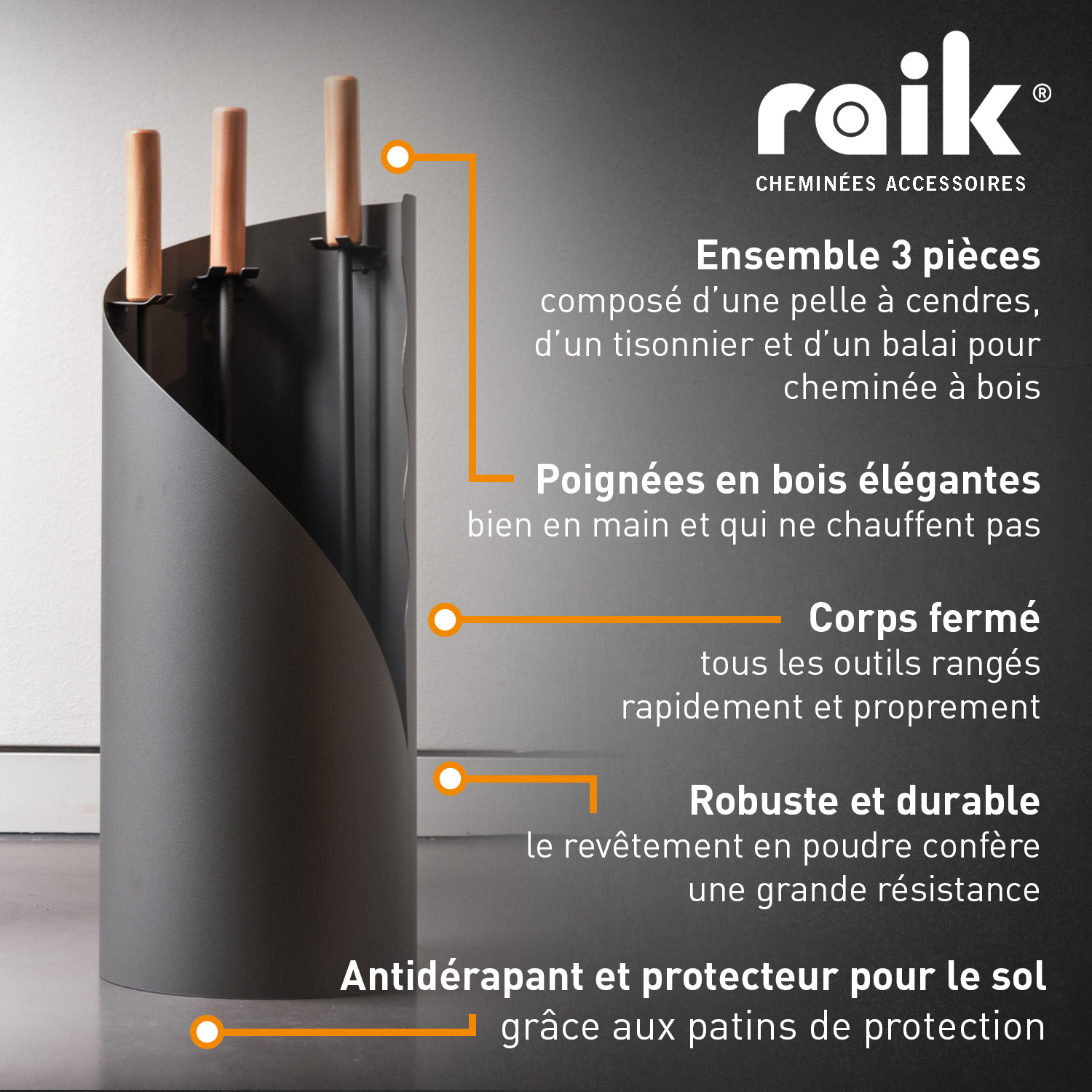 Raik Ensemble d'outils de cheminée Otto, 3 pièces, gris, poignées en bois, 64 cm.