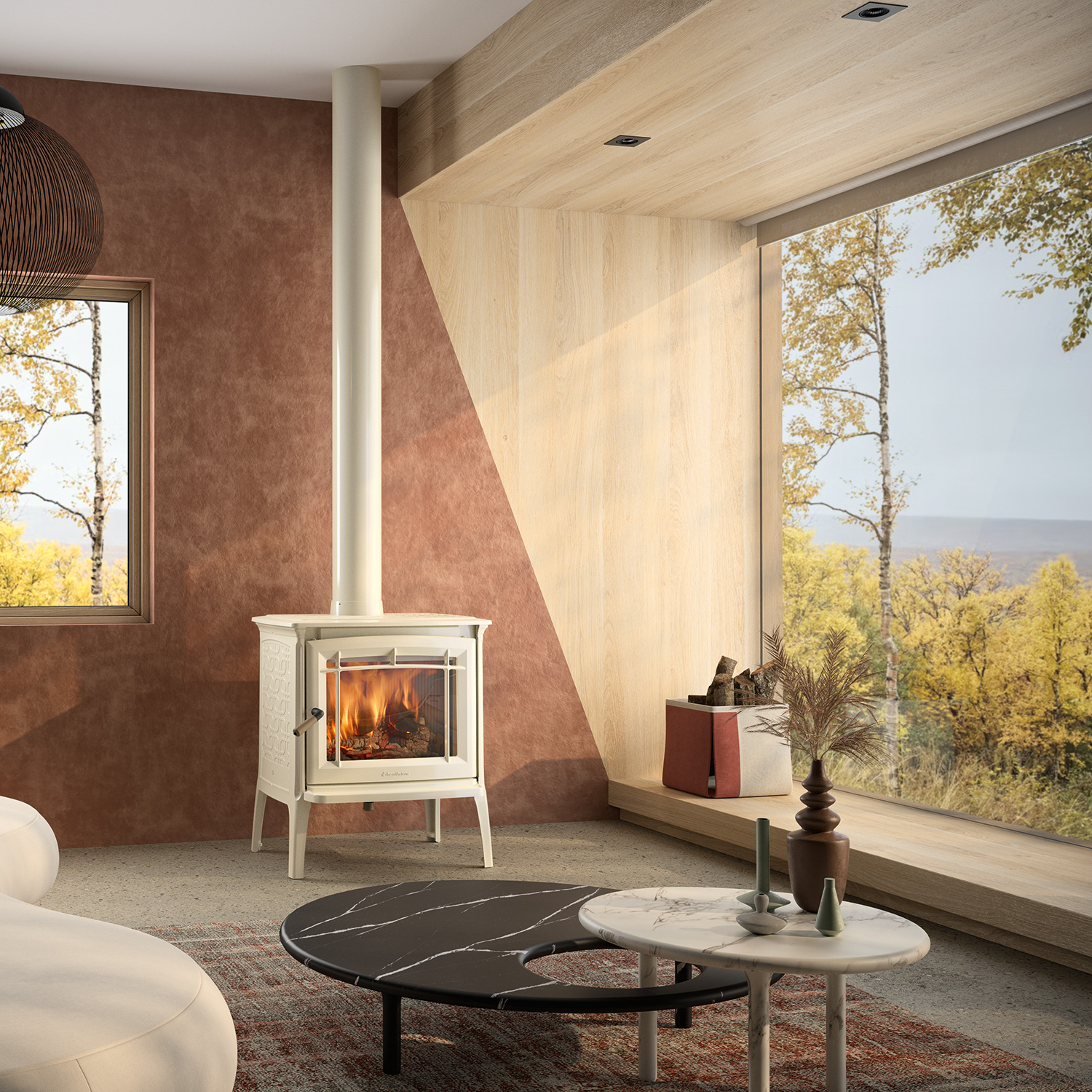 Poêle à bois Hergom Shelburne en fonte émaillée beige