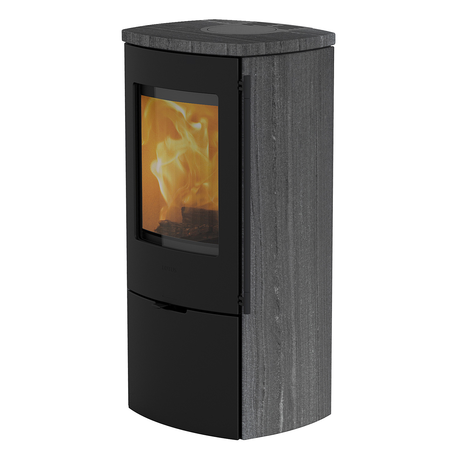 Poêle à bois Lotus Mondo 30 Noir / Indian Night, raccordement de conduit de fumée à l'arrière Poêle à bois Lotus Mondo 30 Noir / Indian Night, raccordement de conduit de fumée à l'arrière