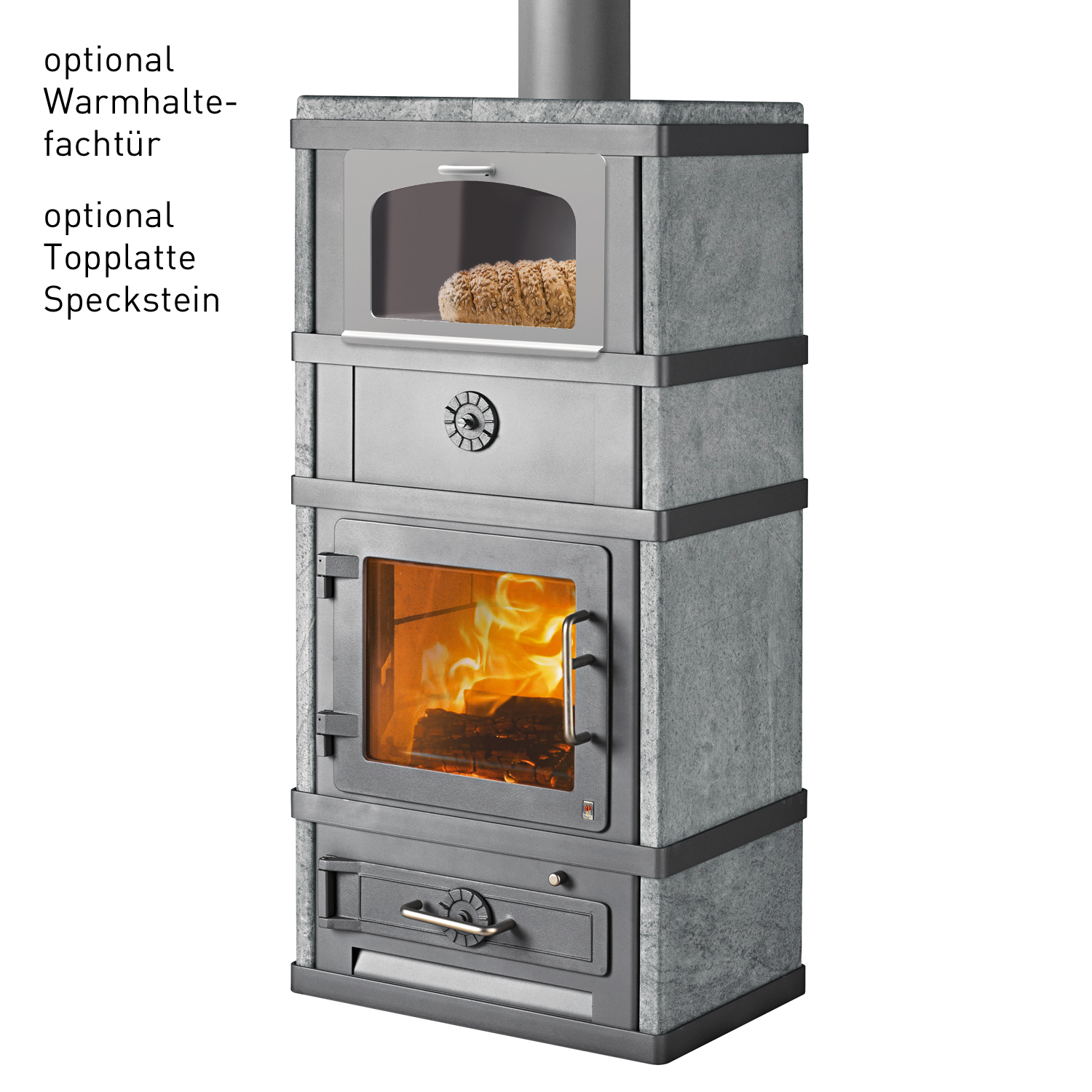 Poêle à bois Lotus 2080 avec compartiment de maintien au chaud Gris, sortie de fumée par le haut