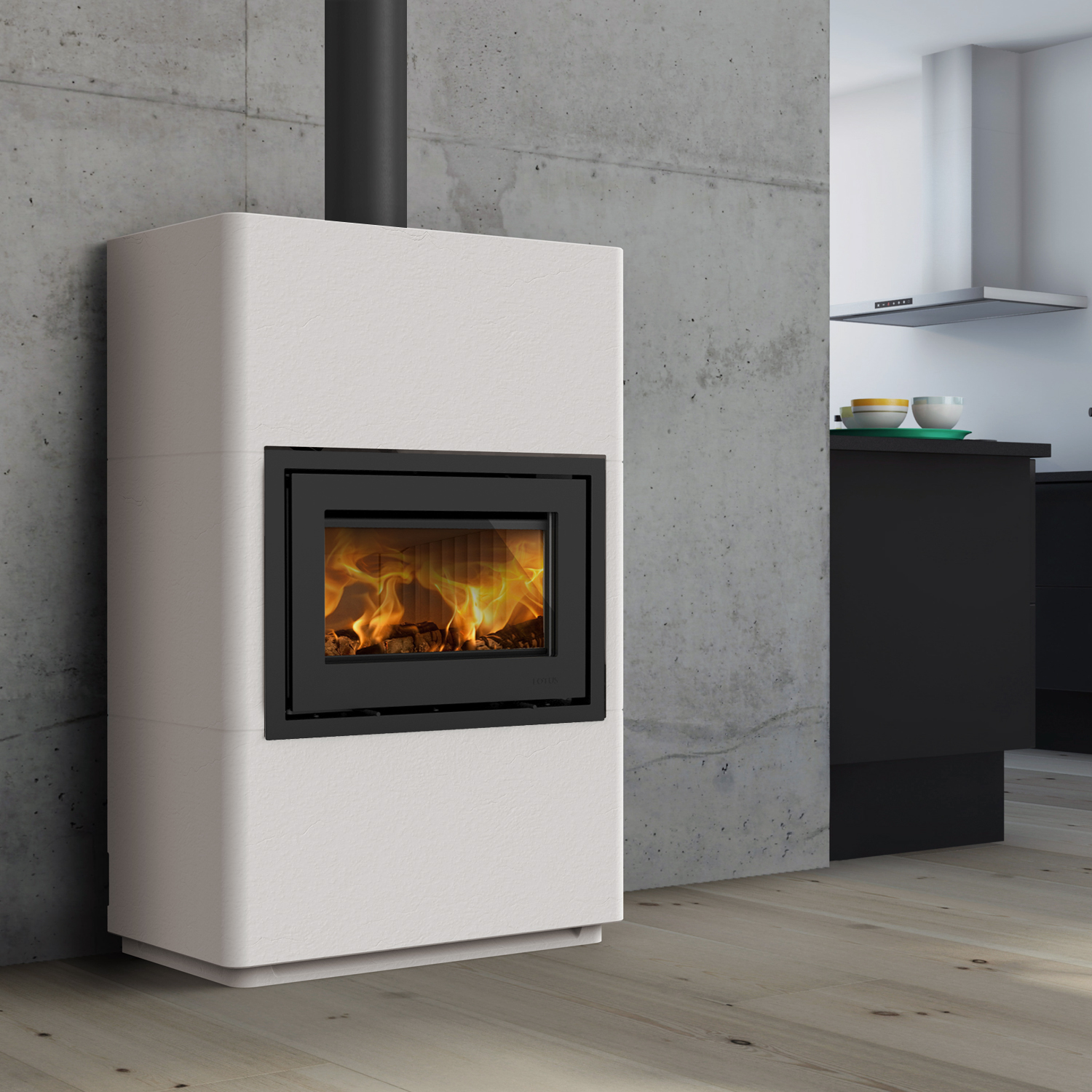 Lotus Beto 470 Poêle à bois Porte Gris, RR dessus, Plaque supérieure en acier gris, Poignée Classic H