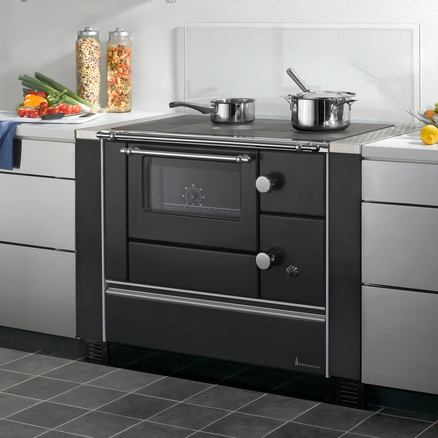 Wamsler K 176 A 90 Poêle de cuisine en acier noir, compartiment de cuisson à gauche.