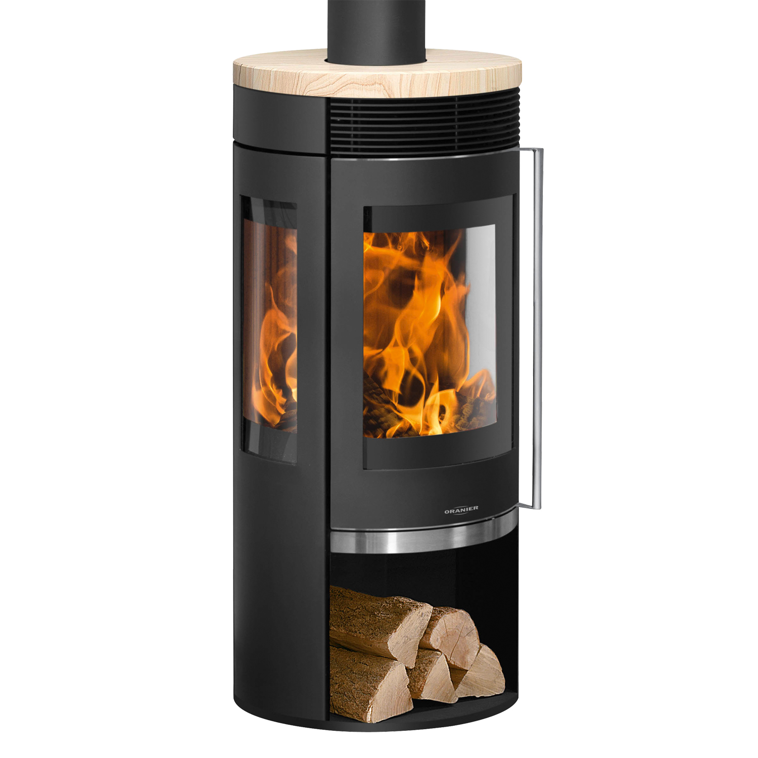 Poêle à bois Oranier Rota TRE 2.0 en acier noir avec plaque de recouvrement en pierre de sable.
