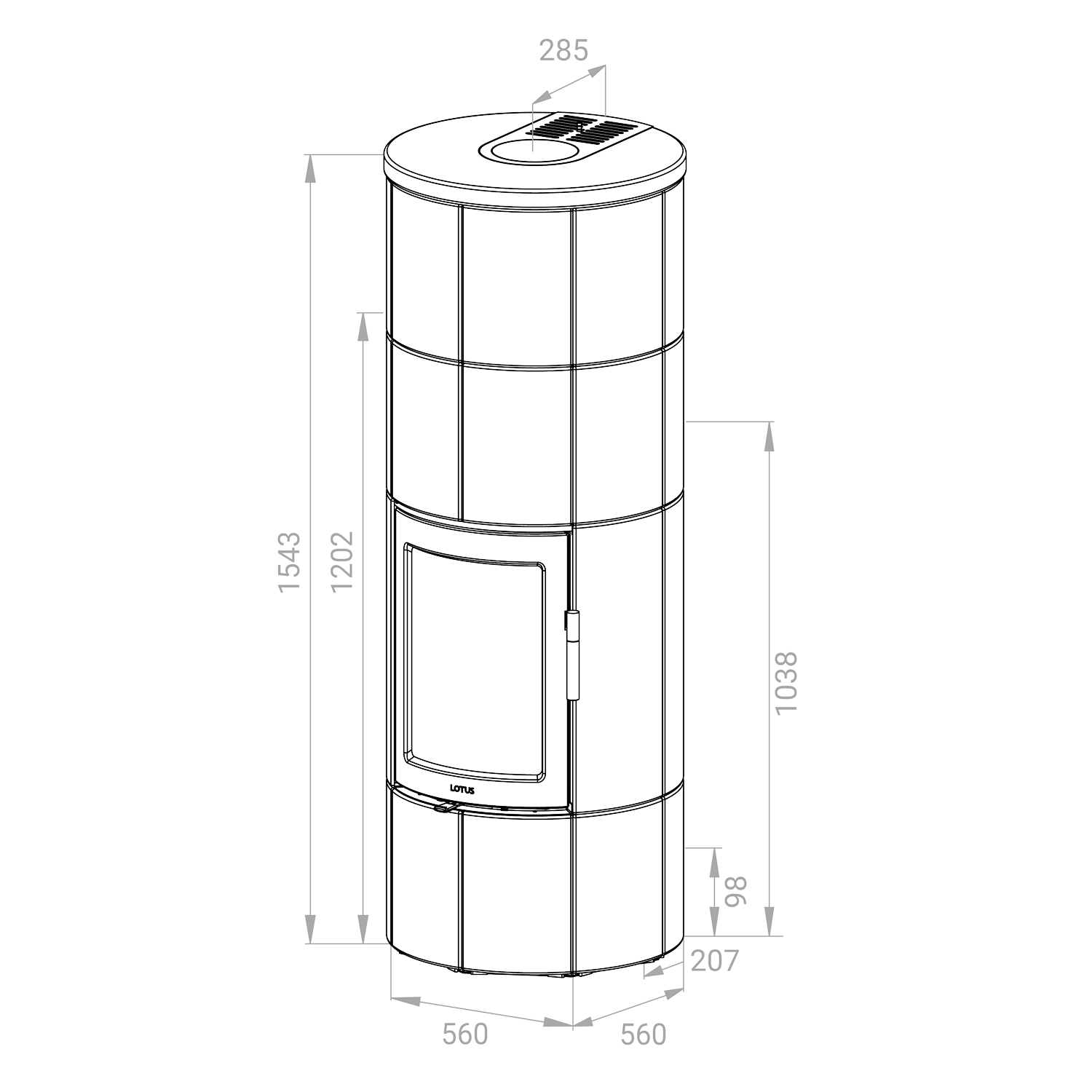 Poêle à bois Lotus Maestro 2 en stéatite, porte grise, sortie de fumée à l'arrière
