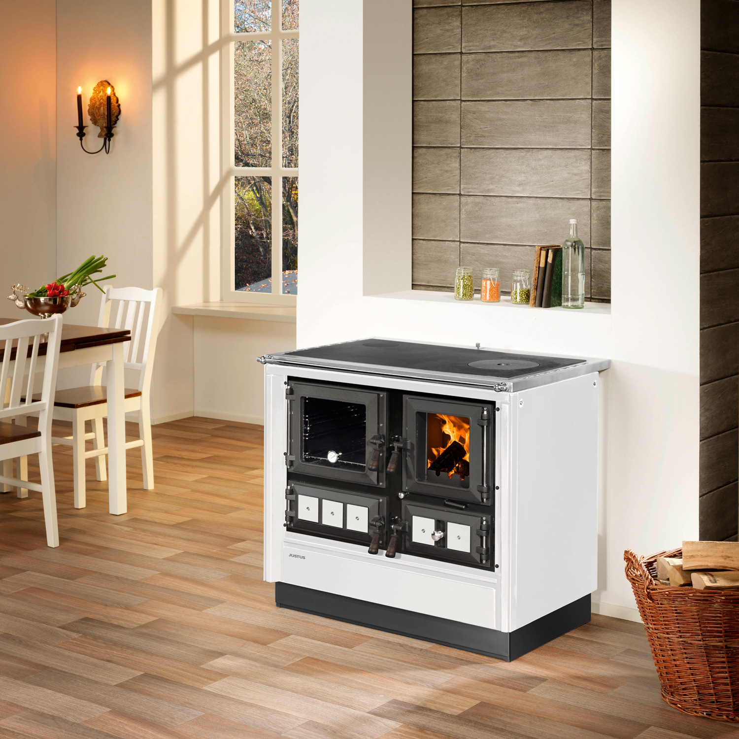 Justus Rustico-90 2.0 Poêle de cuisine en acier blanc, compartiment de cuisson à gauche