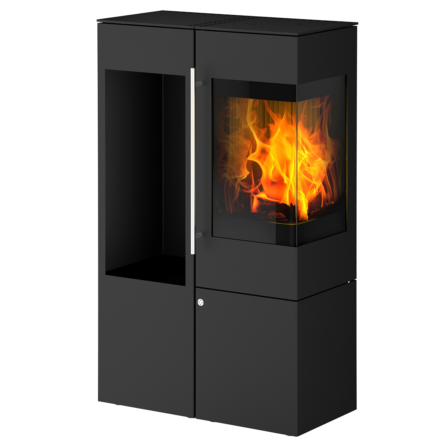 Olsberg Ipala Smart Compact poêle à bois en acier noir, ouverture de porte à droite, porte en acier avec étagère en bois à gauche