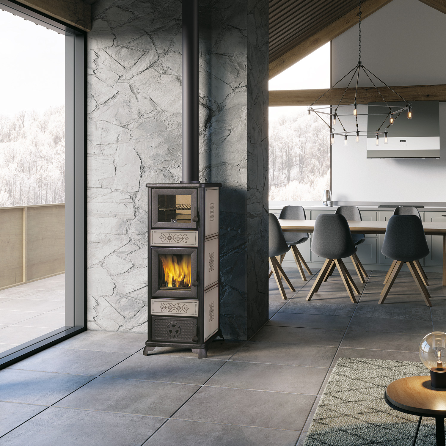 EK63 Decor C poêle à bois céramique gris colombe tuyau de fumée dessus