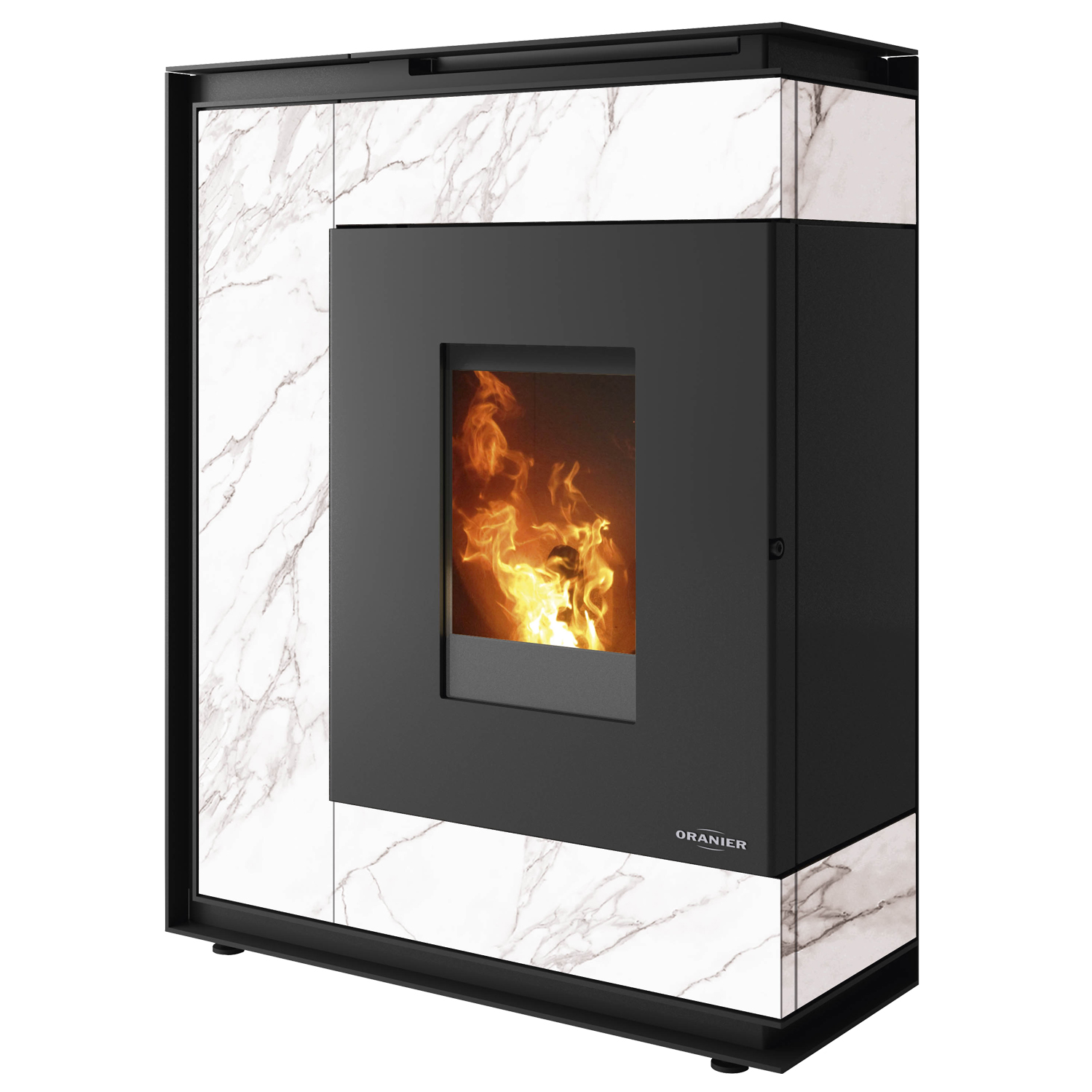 Oranier Boreas II poêle à granulés acier noir / pierre frittée marbre blanc, raccordement tuyaux arrière