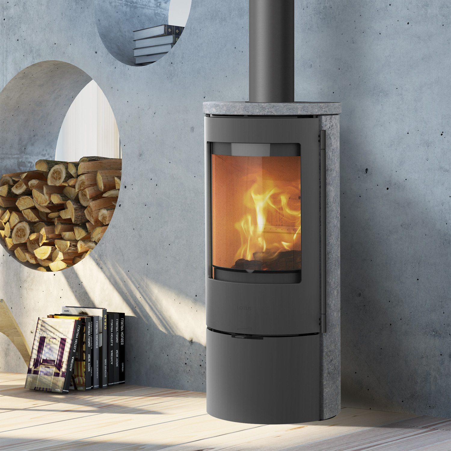 Lotus Prestige Basic Poêle à bois Gris/ Pierre ollaire, paroi arrière ou paroi arrière supérieure / variantes de poignée optionnelles