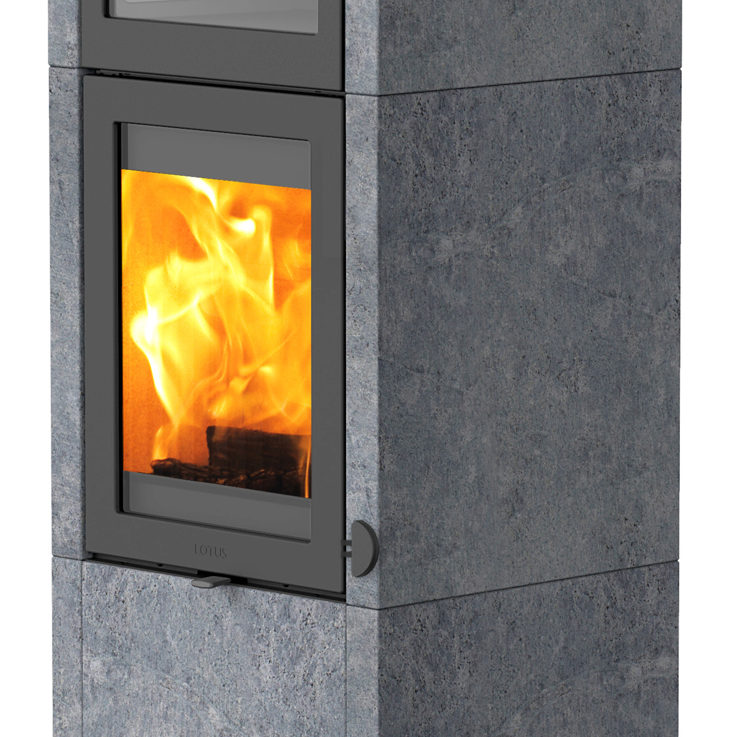 Lotus QM40 Poêle à bois en stéatite / Porte grise avec compartiment de cuisson, sortie de fumée par le haut