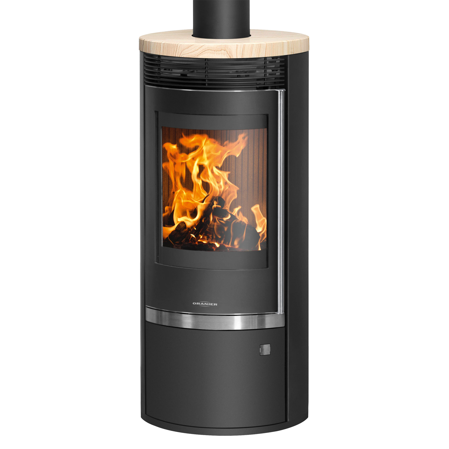 Poêle à bois Oranier Rota Top 2.0 en acier noir avec plaque de recouvrement en grès.