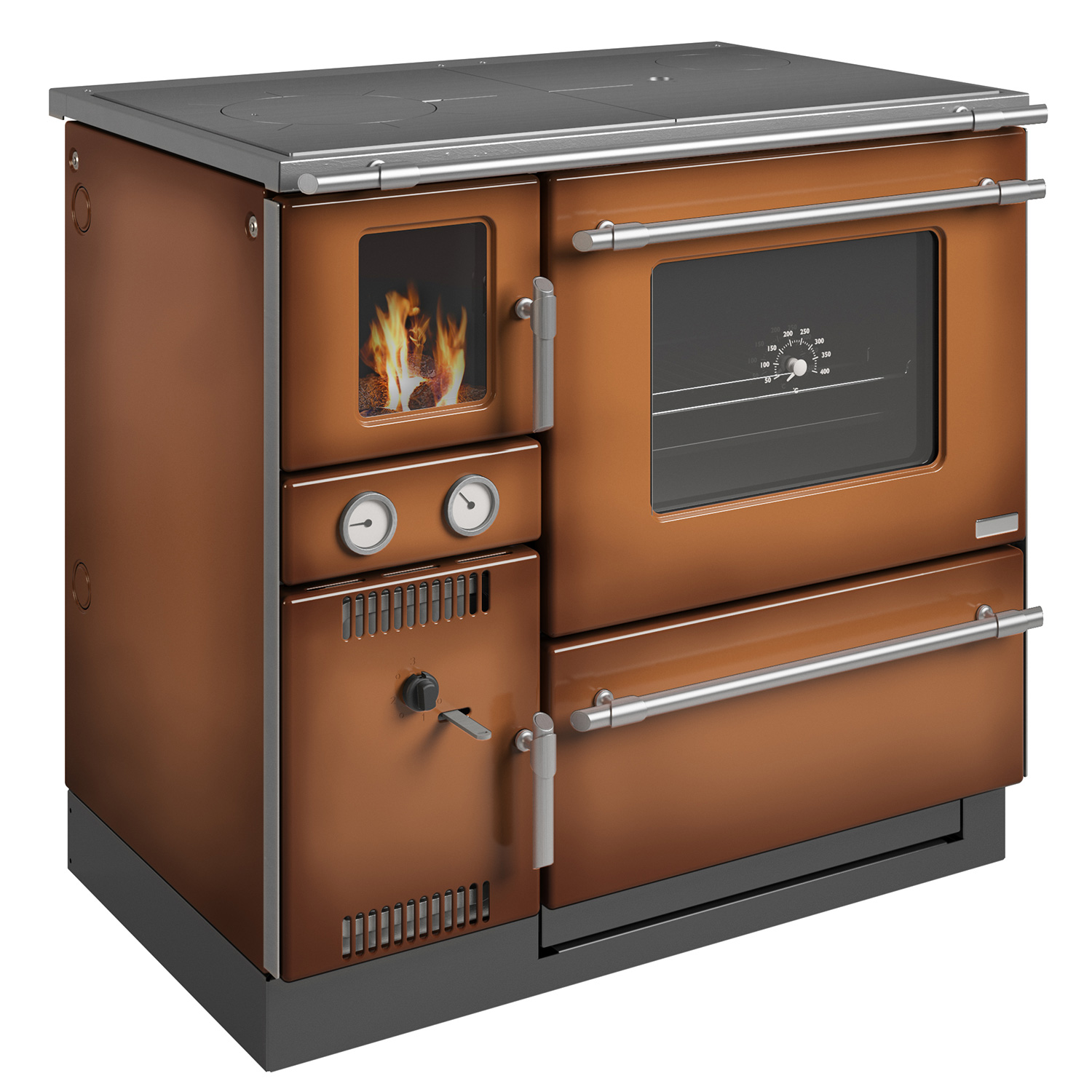 Wamsler K 148 F cuisinière à bois avec raccordement à l'eau, finition marron mat, conduit de fumée à droite