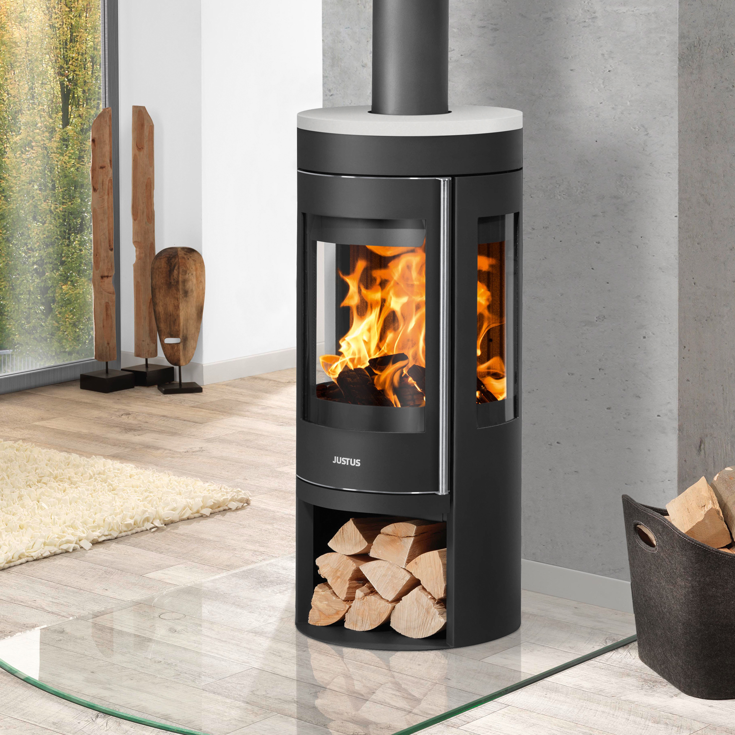 Justus Mino Trios 2.0 Poêle à bois en acier noir avec plaque de recouvrement en céramique blanc soie. Justus Mino Trios 2.0 Poêle à bois en acier noir avec plaque de recouvrement en céramique blanc soie.
