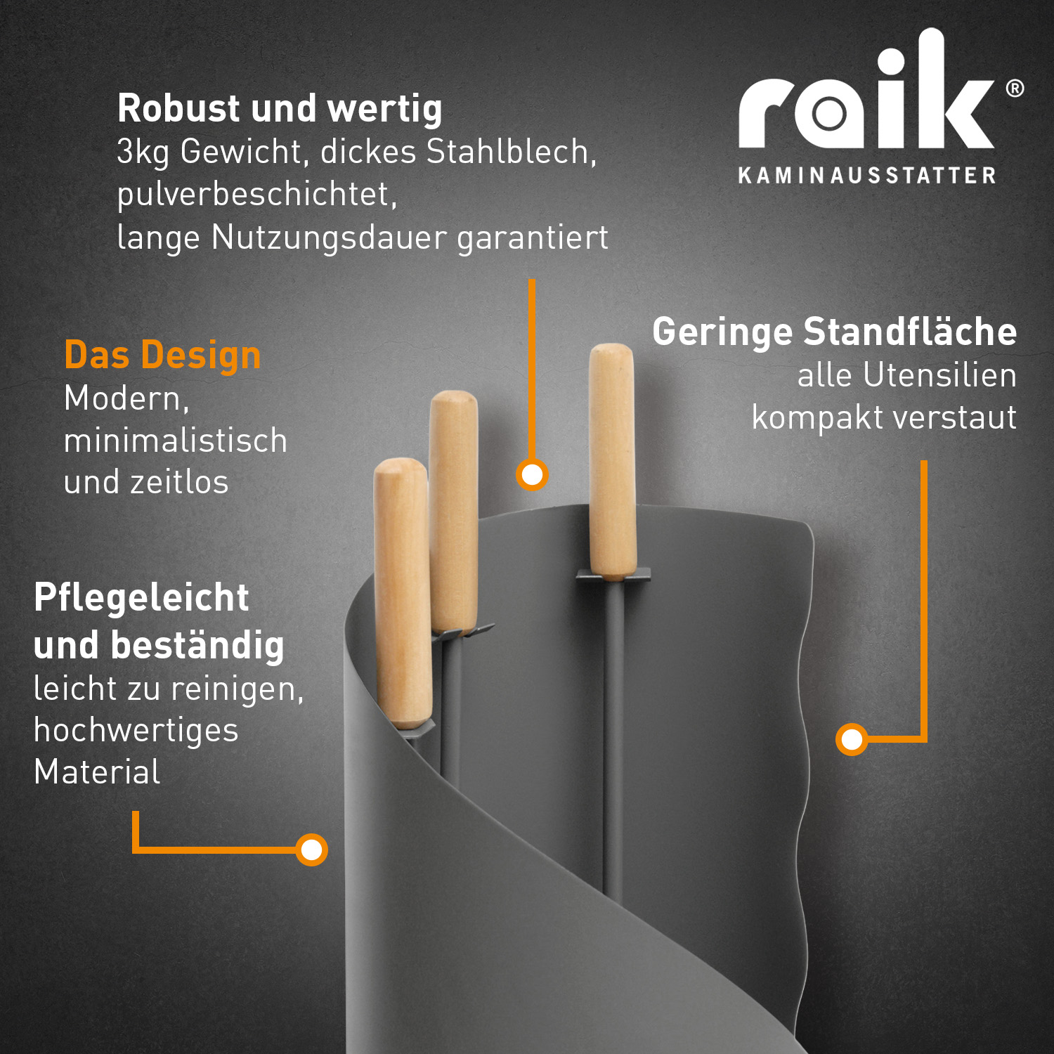 Raik Ensemble d'outils de cheminée avec poignée en bois, 3 pièces, gris + Allume-feu bio RITZ