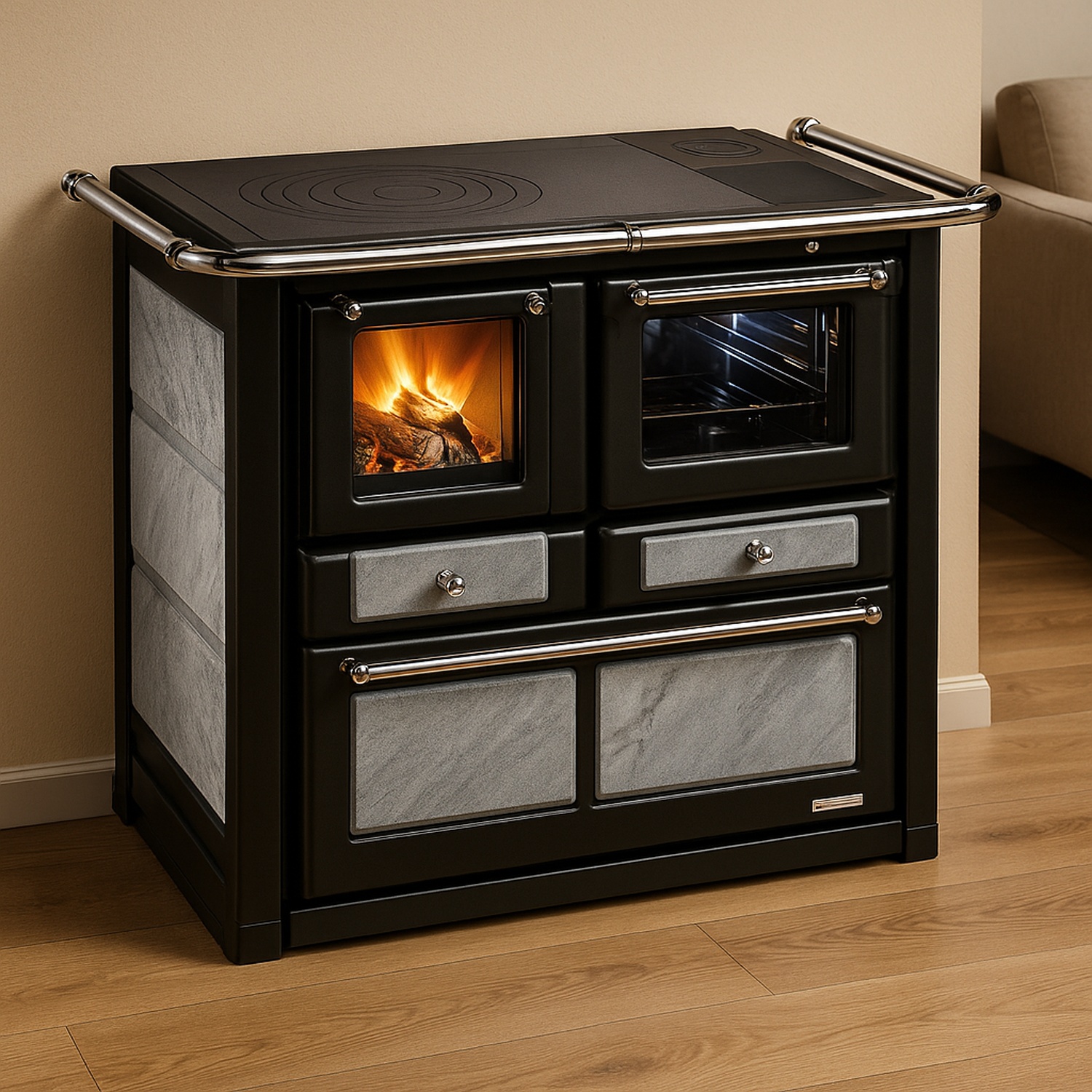 Westminster cuisinière à bois K 85 F II raccordement tuyaux pierre naturelle droite
