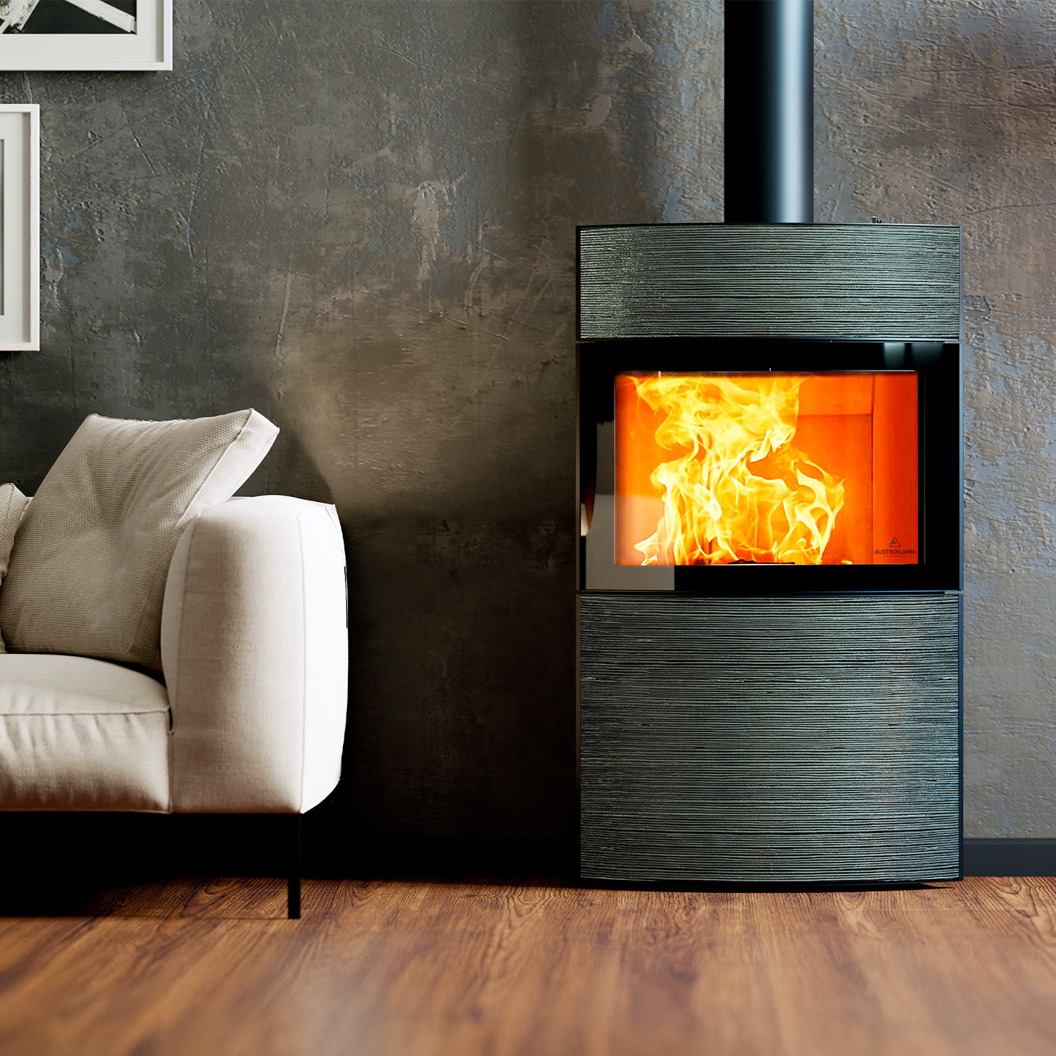 Austroflamm Fynn Xtra 2.0 poêle à bois acier noir/ revêtement céramique tourmaline rainure brillante